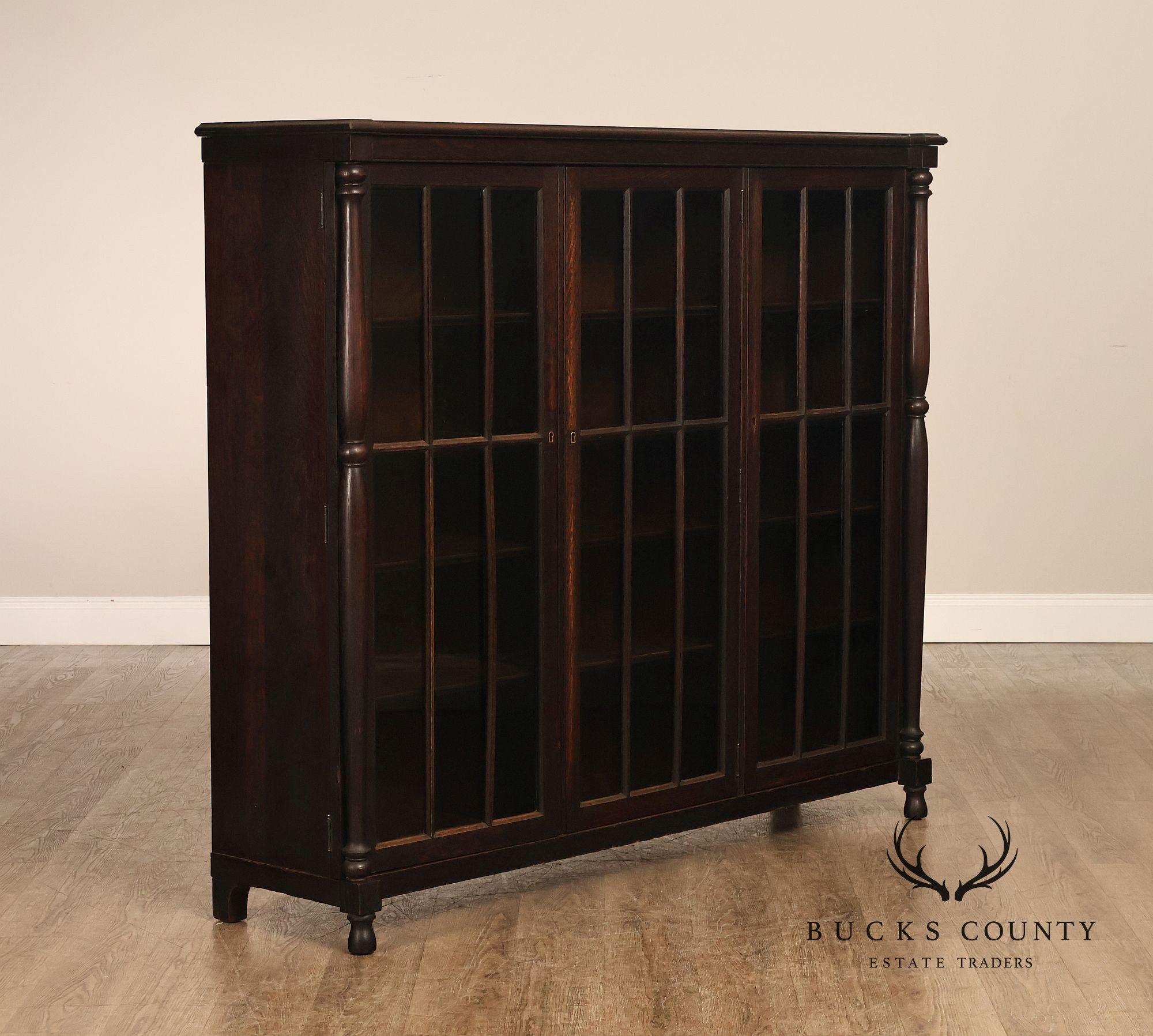 Antique Carved Oak Glass Door Triple Bookcase