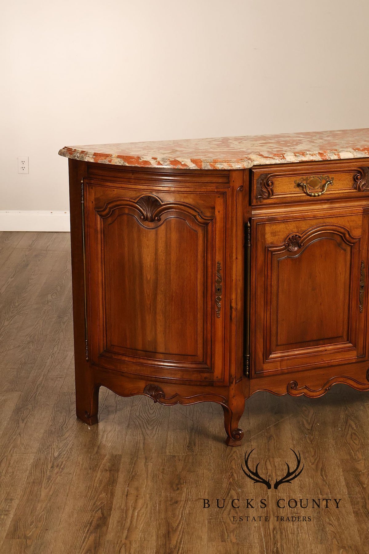 French Louis XV Style Carved Walnut Marble Top Buffet Sideboard