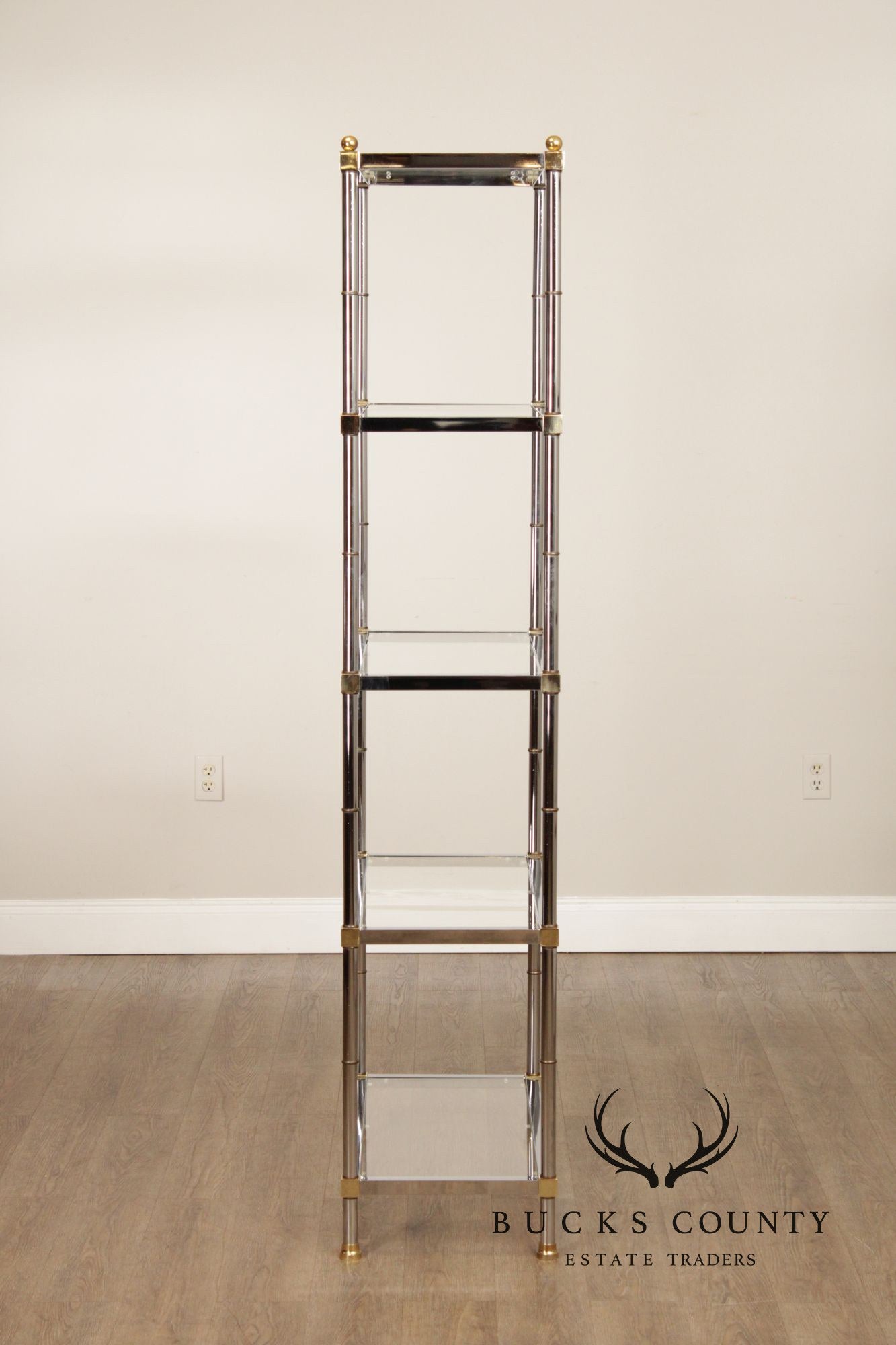 Chrome And Glass Pair Of Five Shelf Bookcase Etageres
