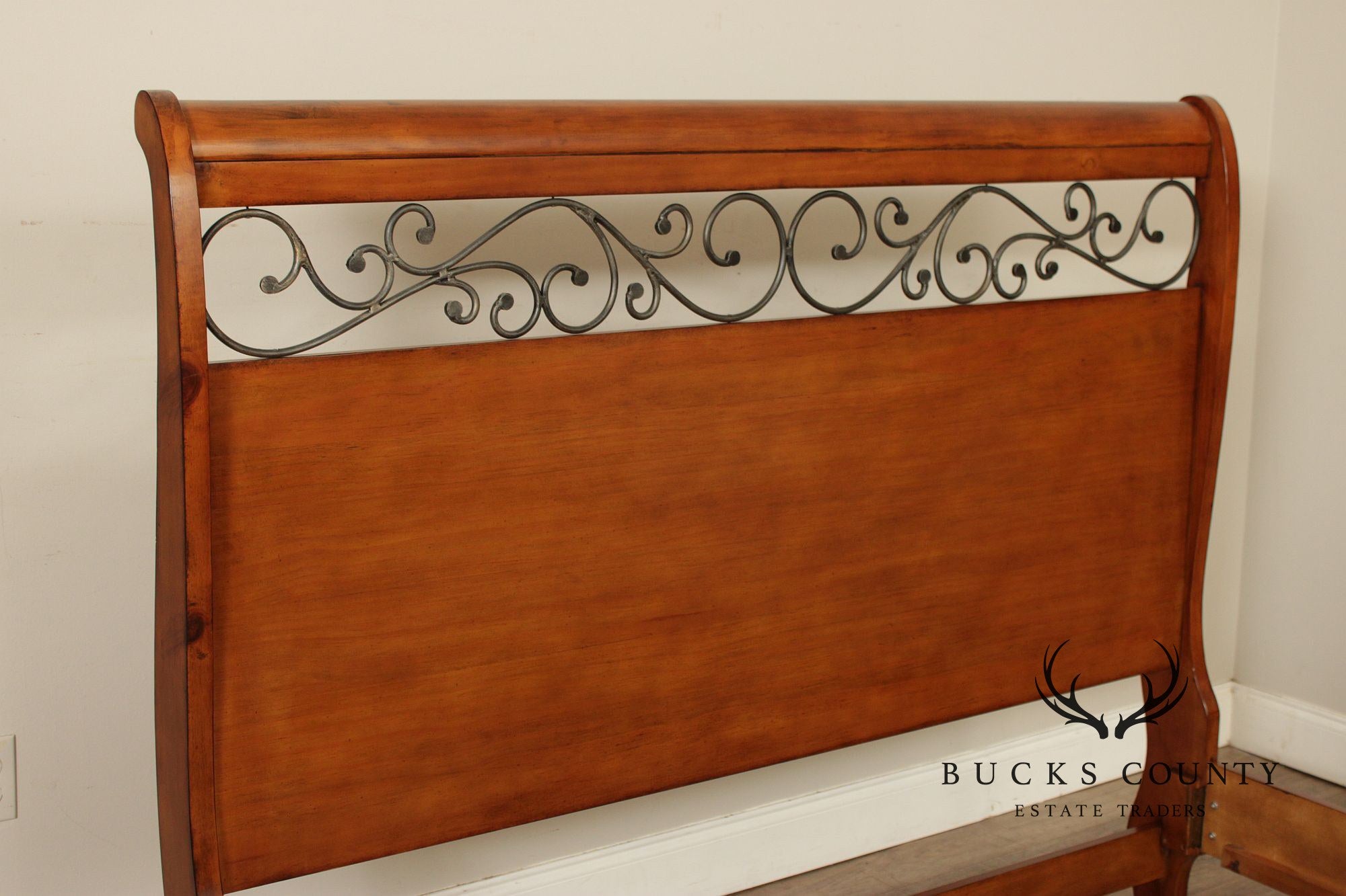 Queen Size Sleigh Bed With Iron Scroll Detail
