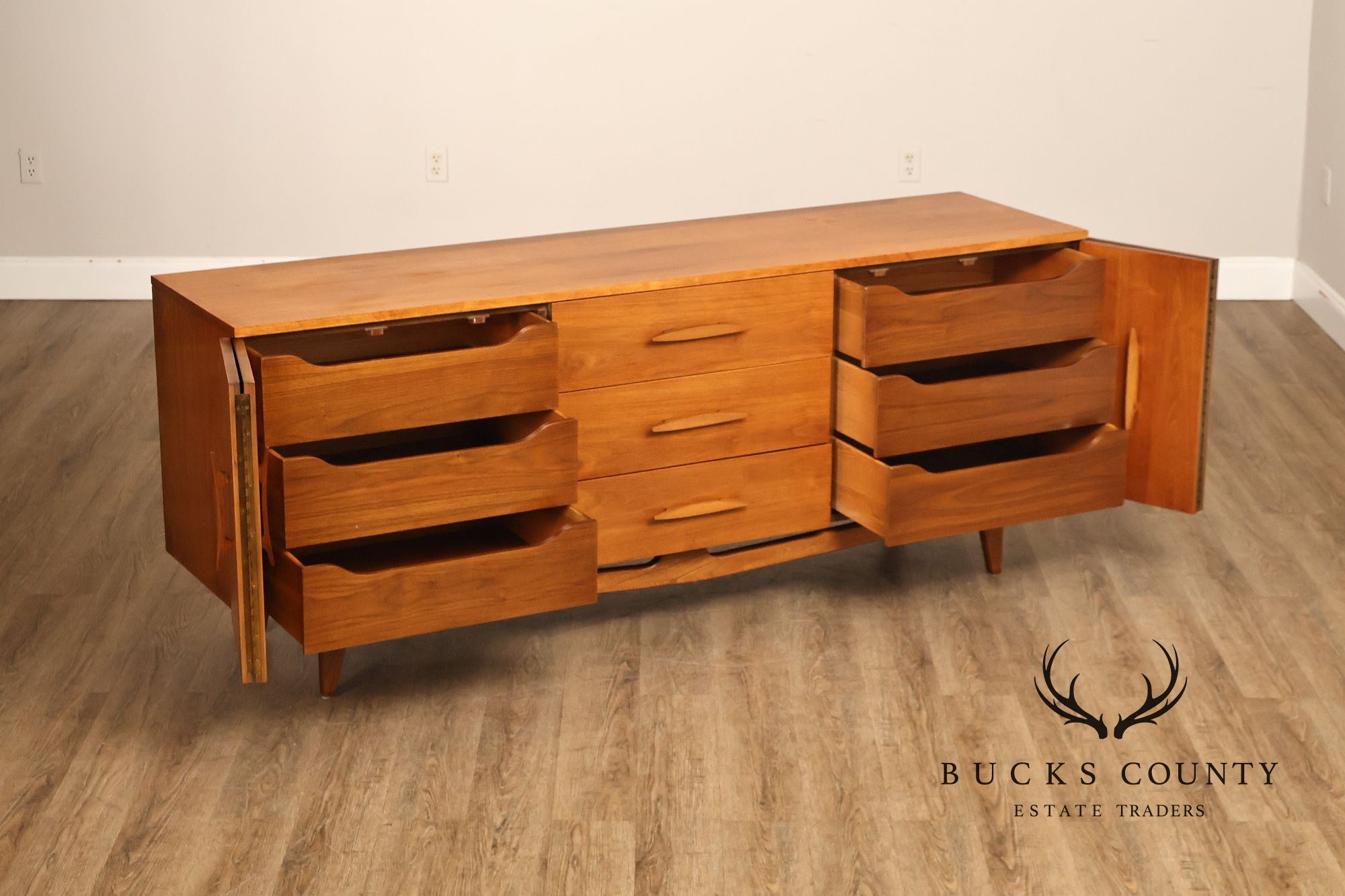 Mid Century Modern Sculpted Walnut Long Dresser