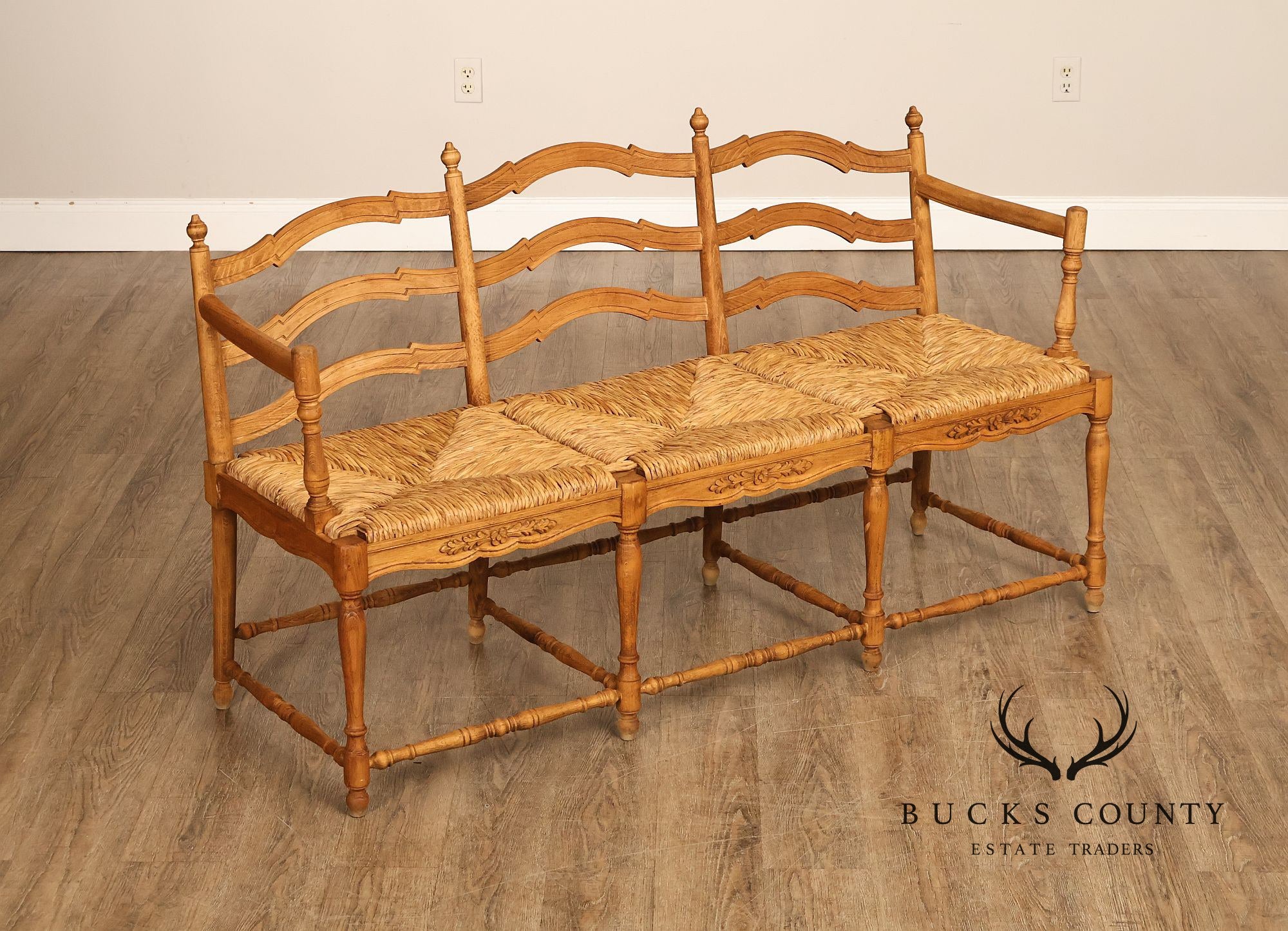 French Provincial Style Carved Wood Rush Seat Settee