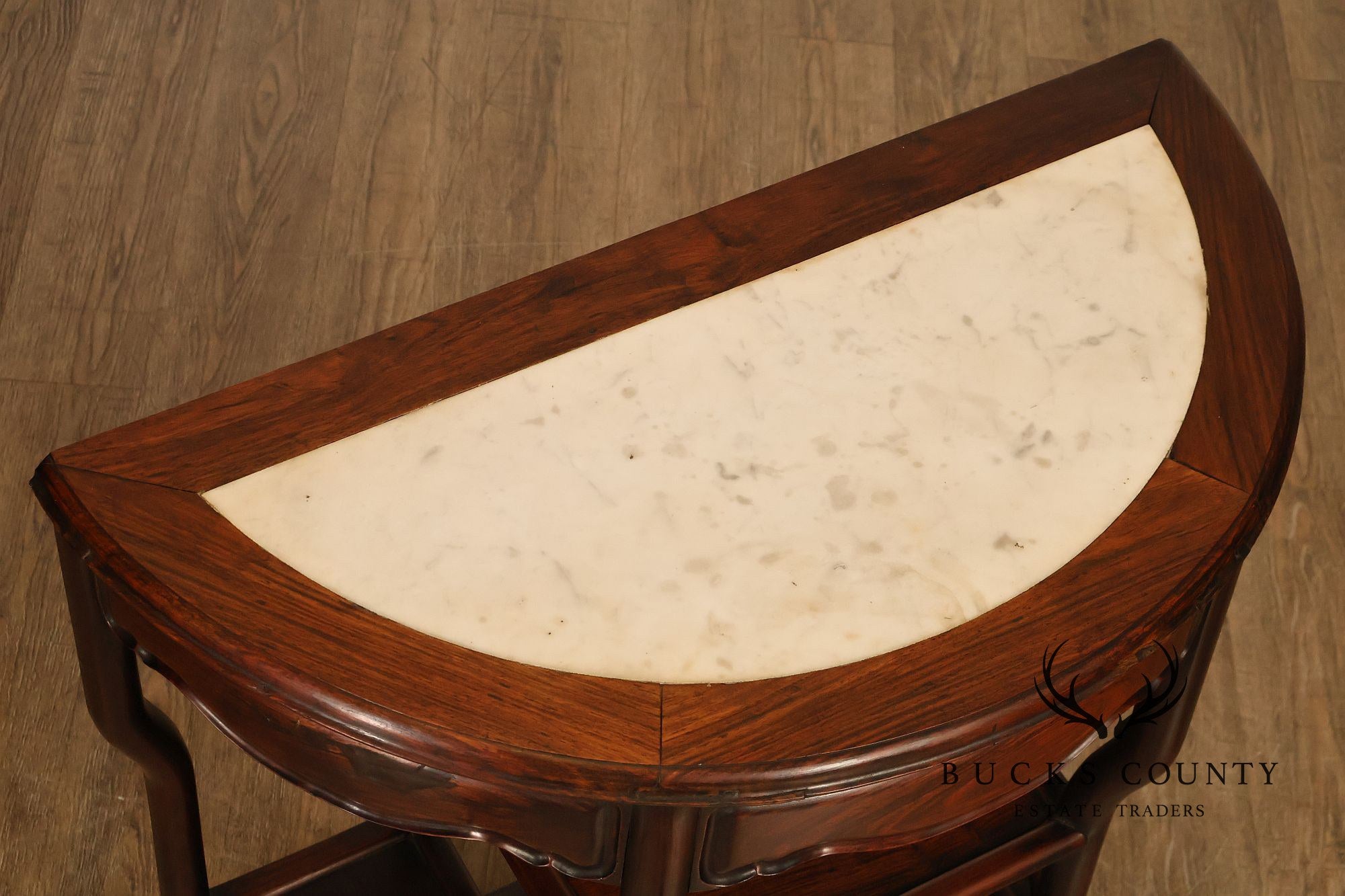 Asian Style Demilune Marble Top Side Table With Tiered Shelves