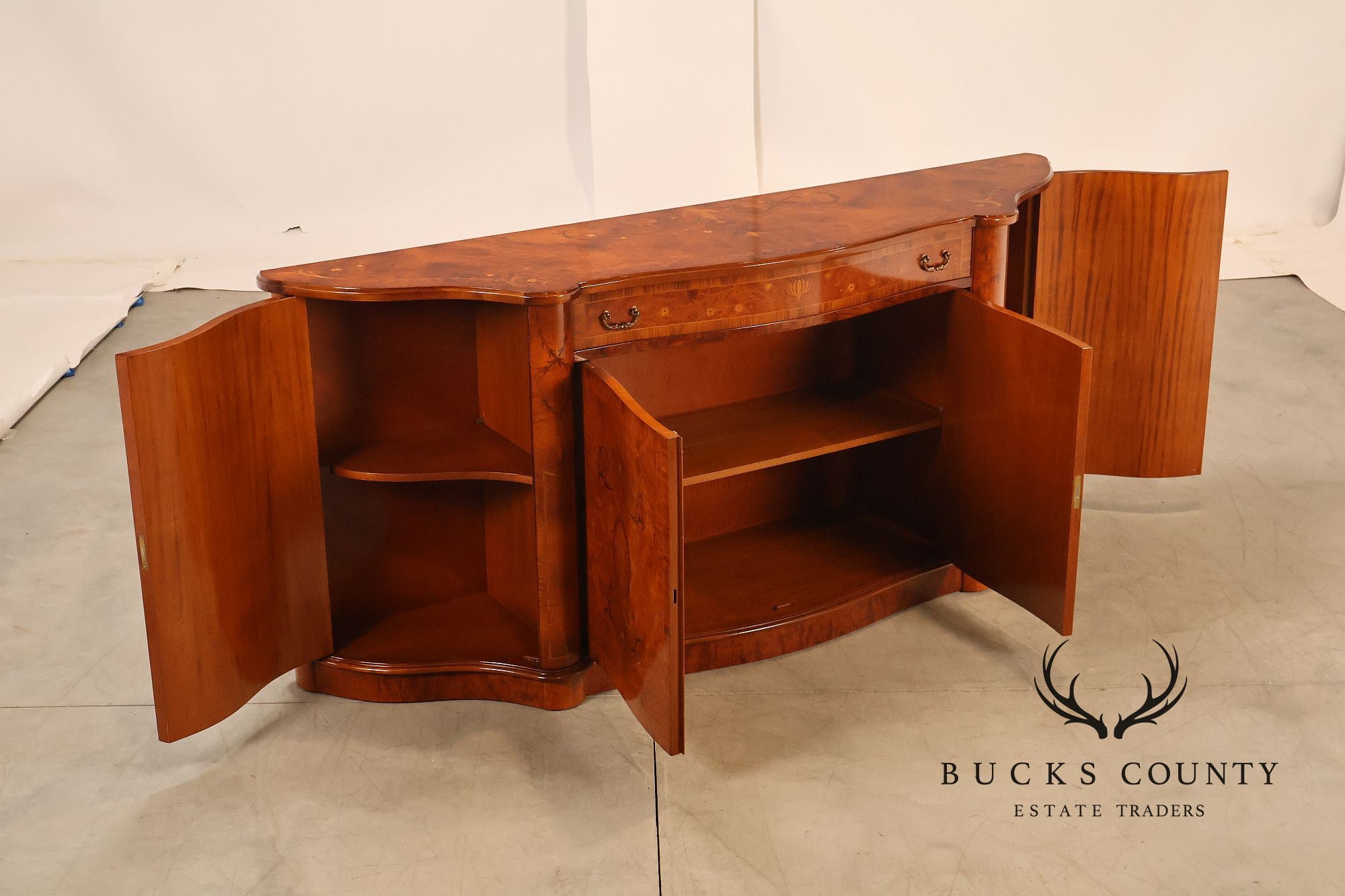 Italian Style Marquetry Inlaid Burl Wood Credenza Sideboard