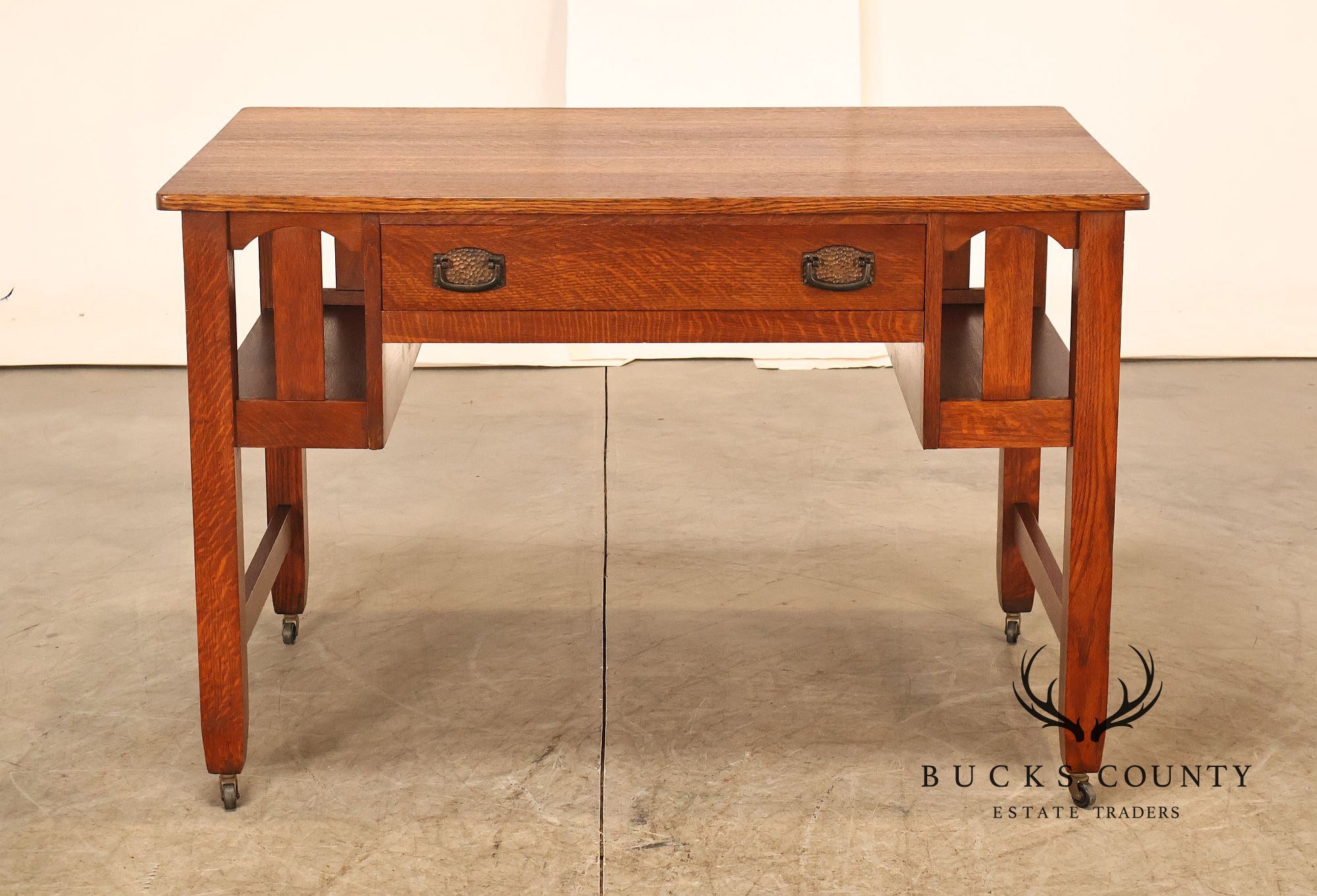 Antique Arts And Crafts Mission Oak Writing Desk With Built-In Side Bookcases