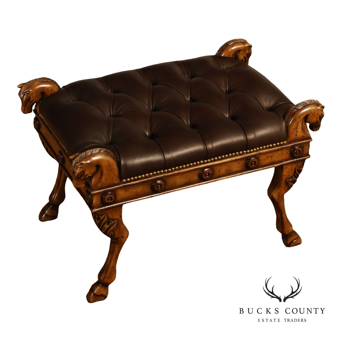 Theodore Alexander Regency Style Carved Horse Head Leather Bench