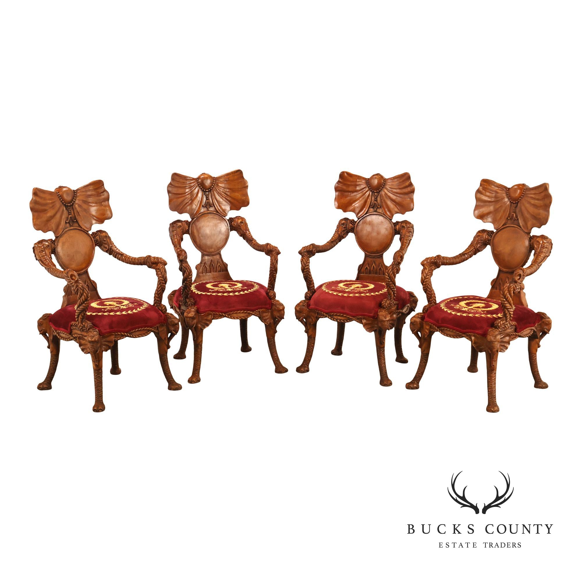 Anglo-Indian Set Of Four Carved Elephant Armchairs