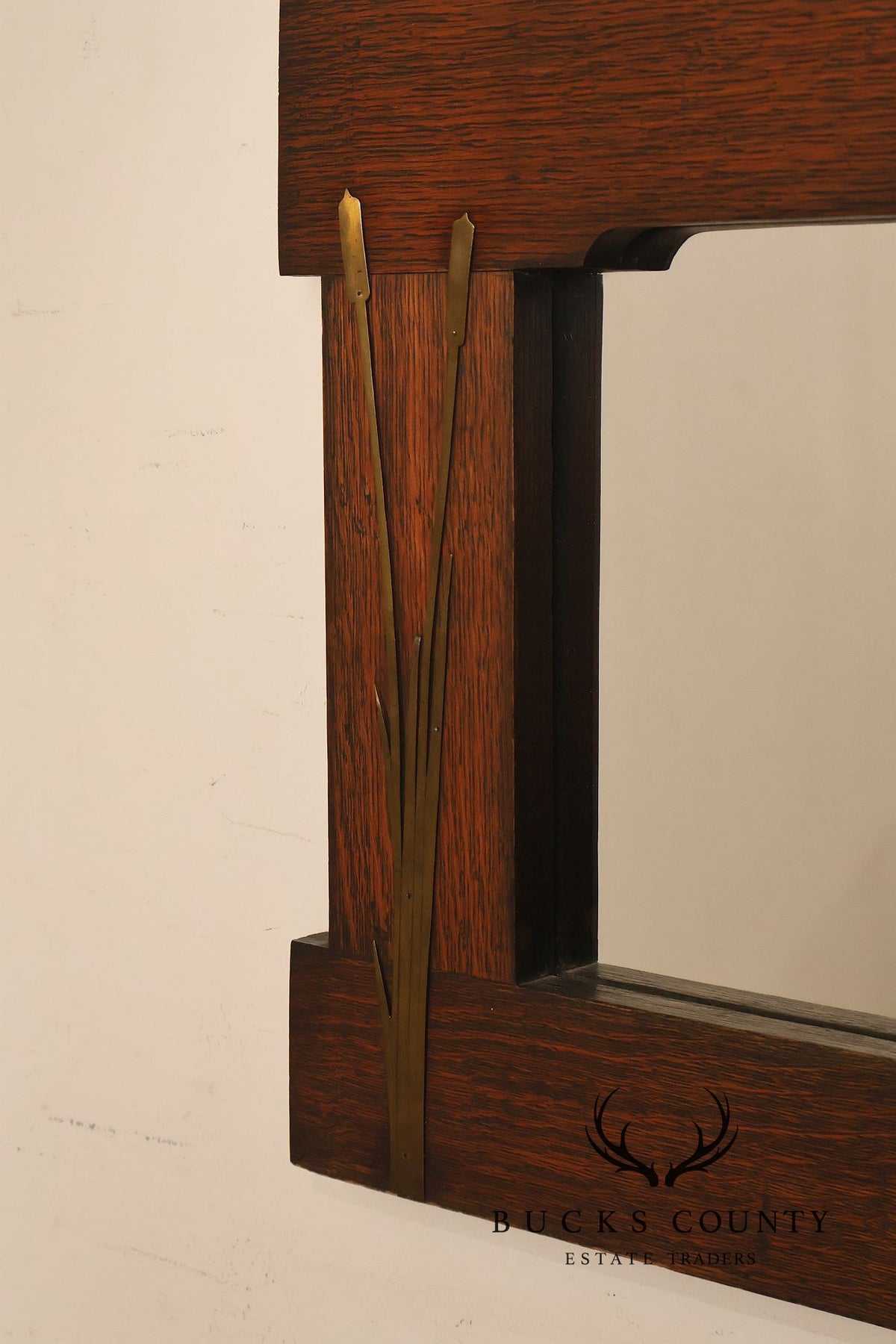 Arts And Crafts Mission Oak Mirror With Brass Cattail Decorative Mounts