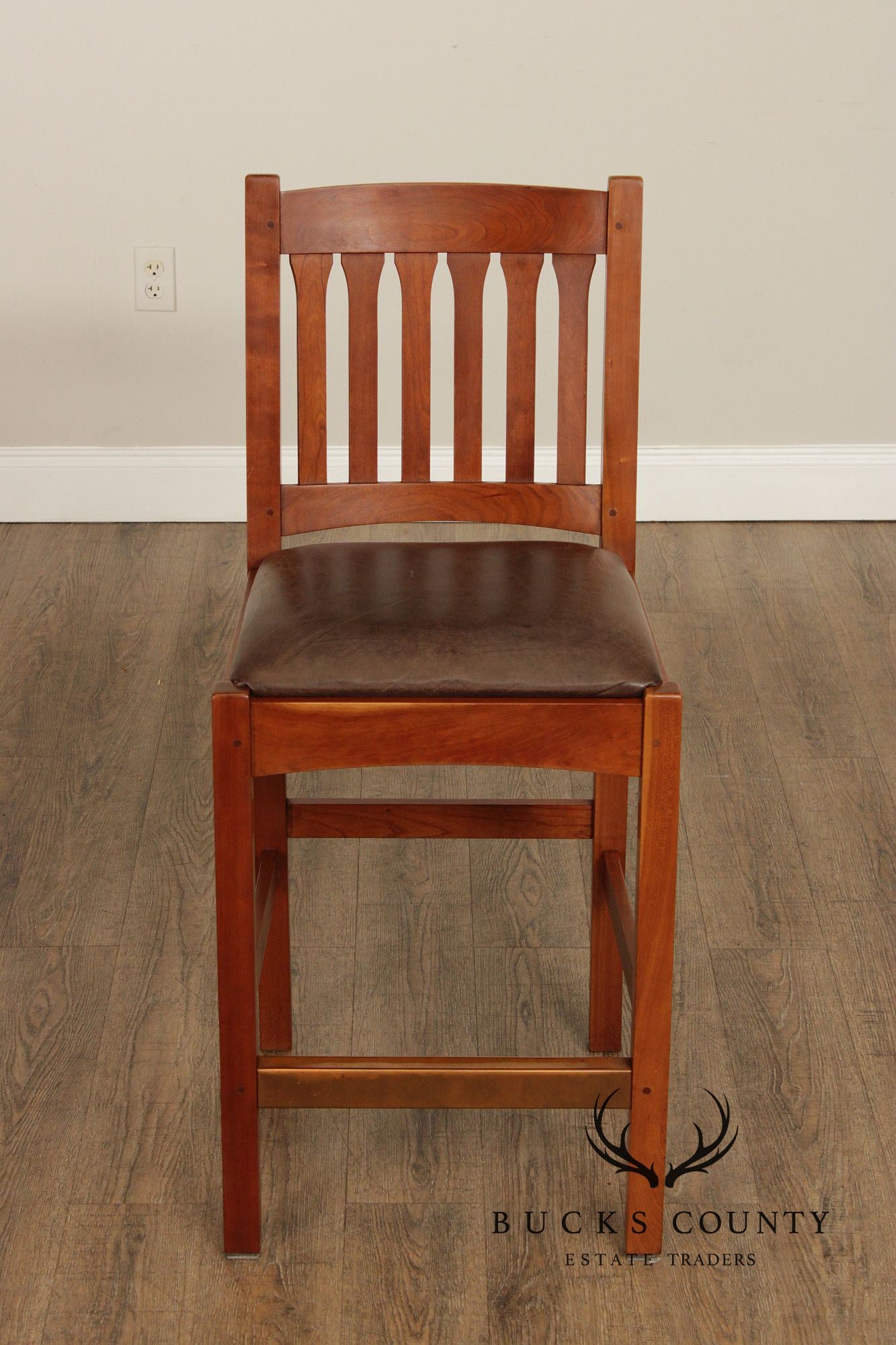 Stickley Mission Collection Pair of Cherry and Leather Slat Back Stools