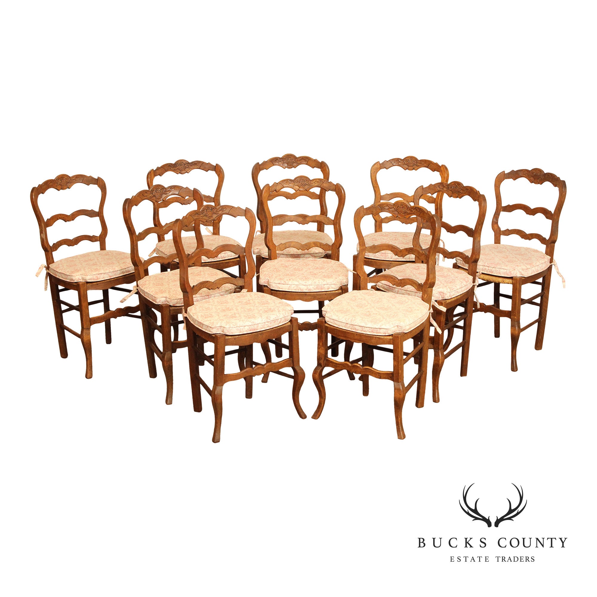 French Provincial Set Of 10 Rush Seat Dining Chairs