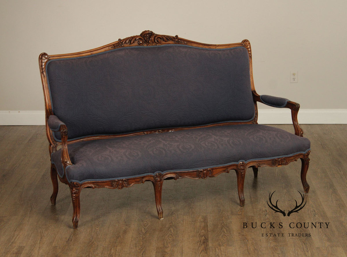 French Louis XV Style Carved Walnut Upholstered Settee