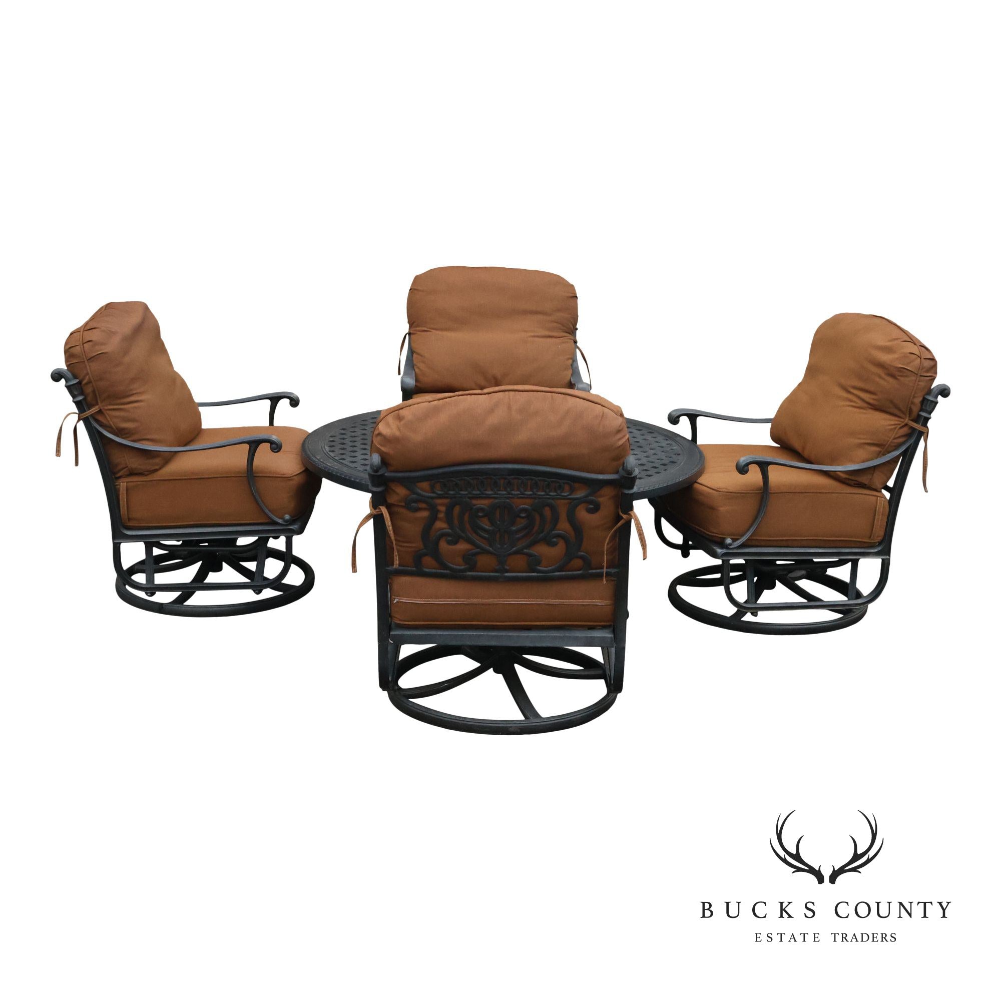 Cast Aluminum Patio Fire Pit Coffee Table With Four Swivel Lounge Chairs