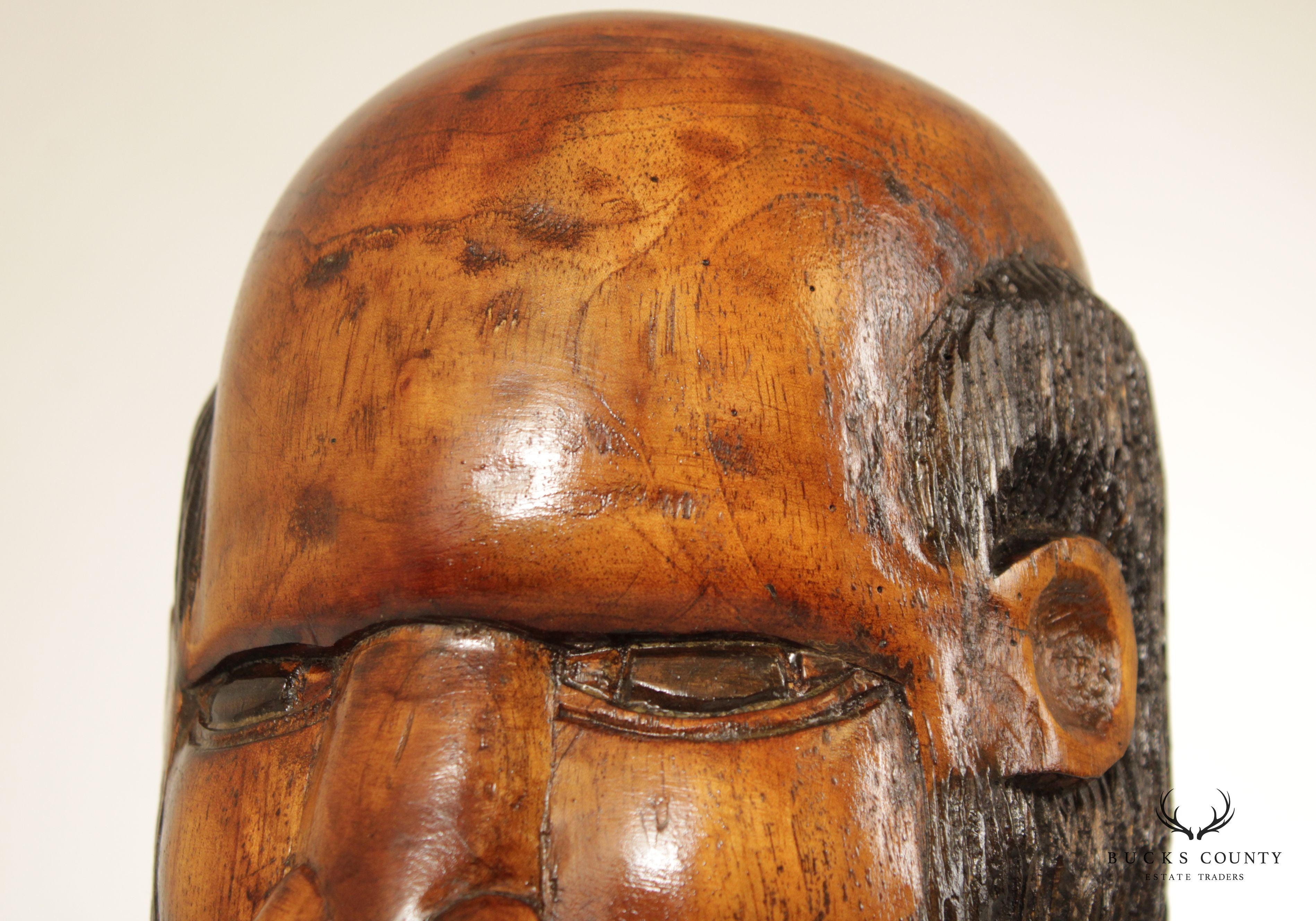 Folk Art Vintage Carved Wood Bust of Bearded Man