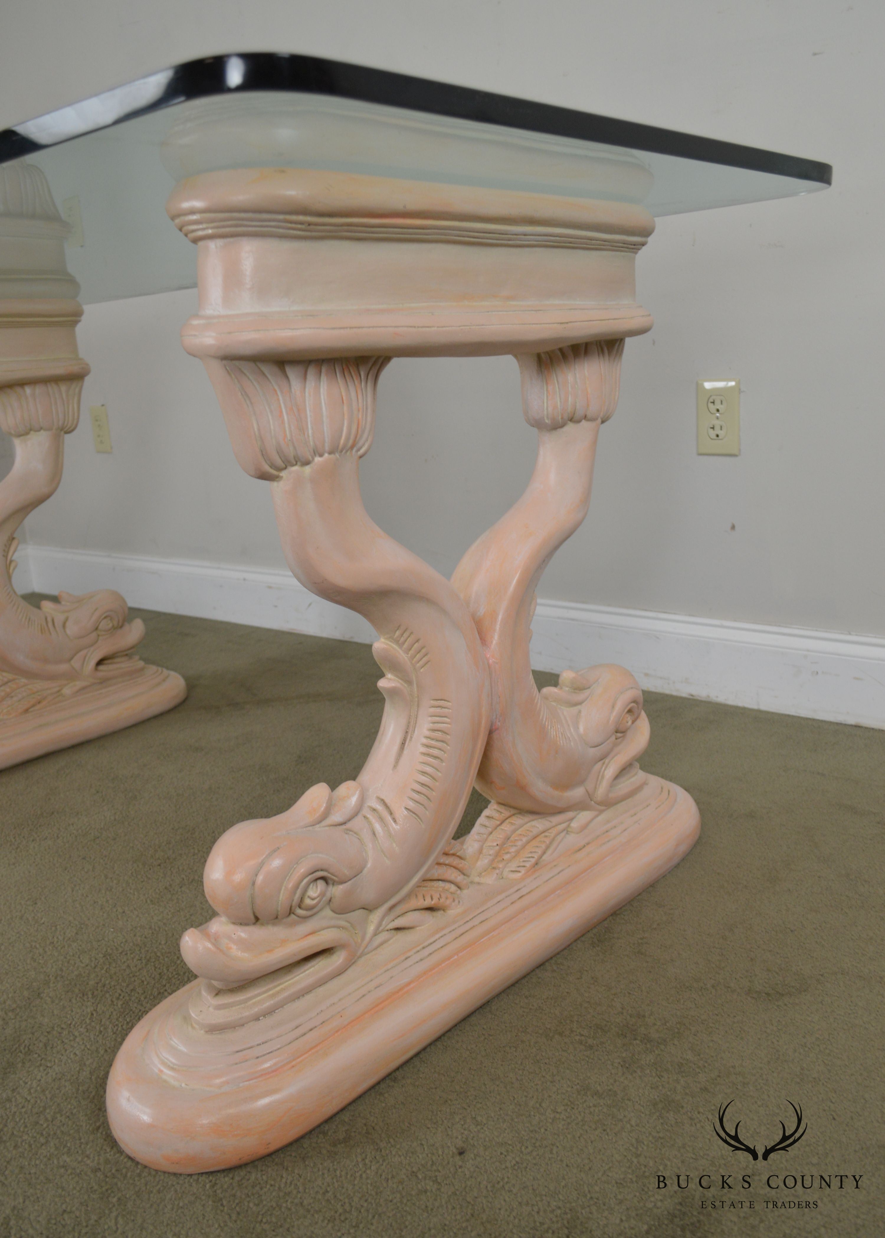 Hollywood Regency Style Vintage Carved Dolphin Base Glass Top Writing Desk