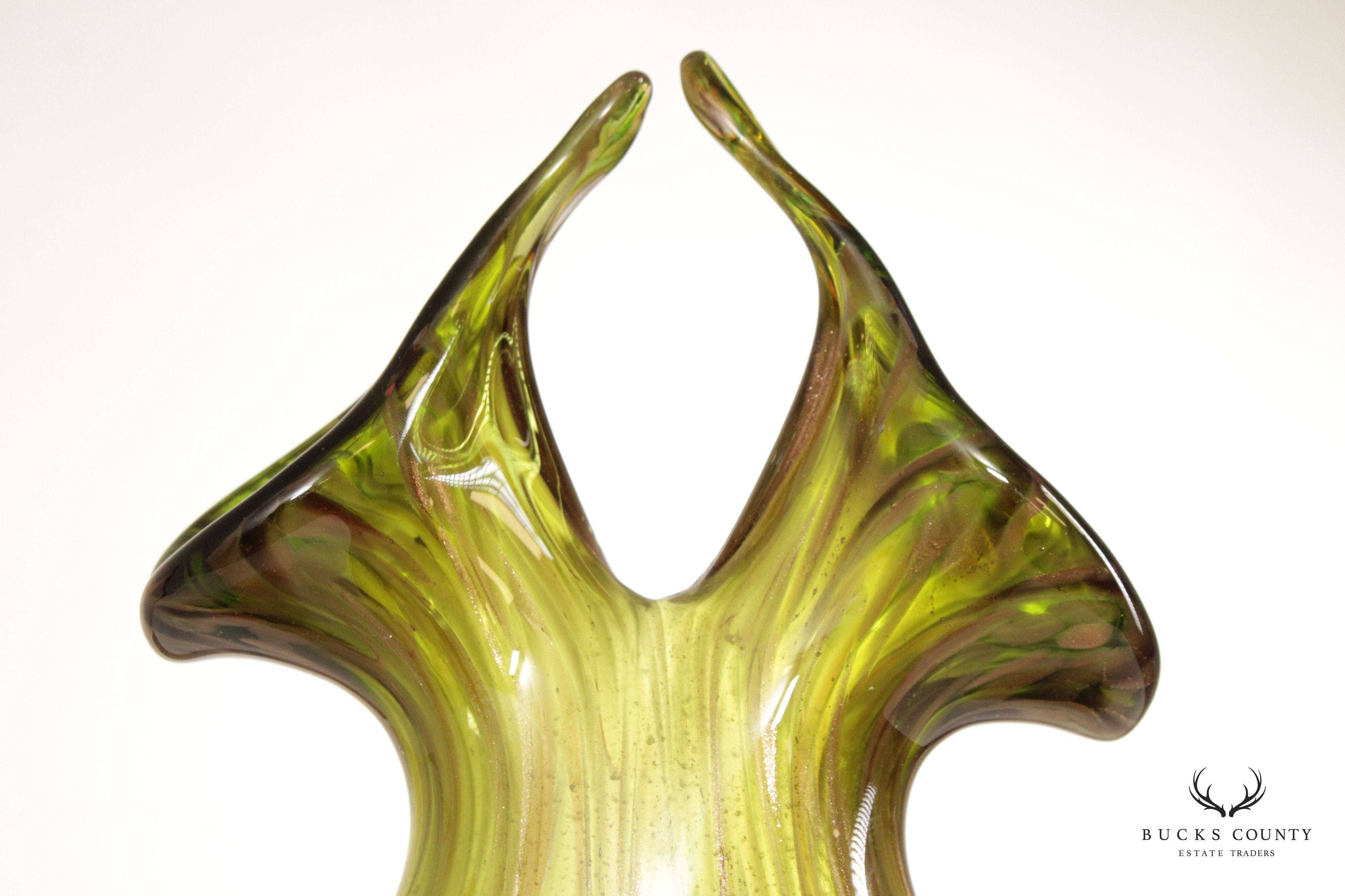Mid Century Modern Hand Blown Green Art Glass Vase