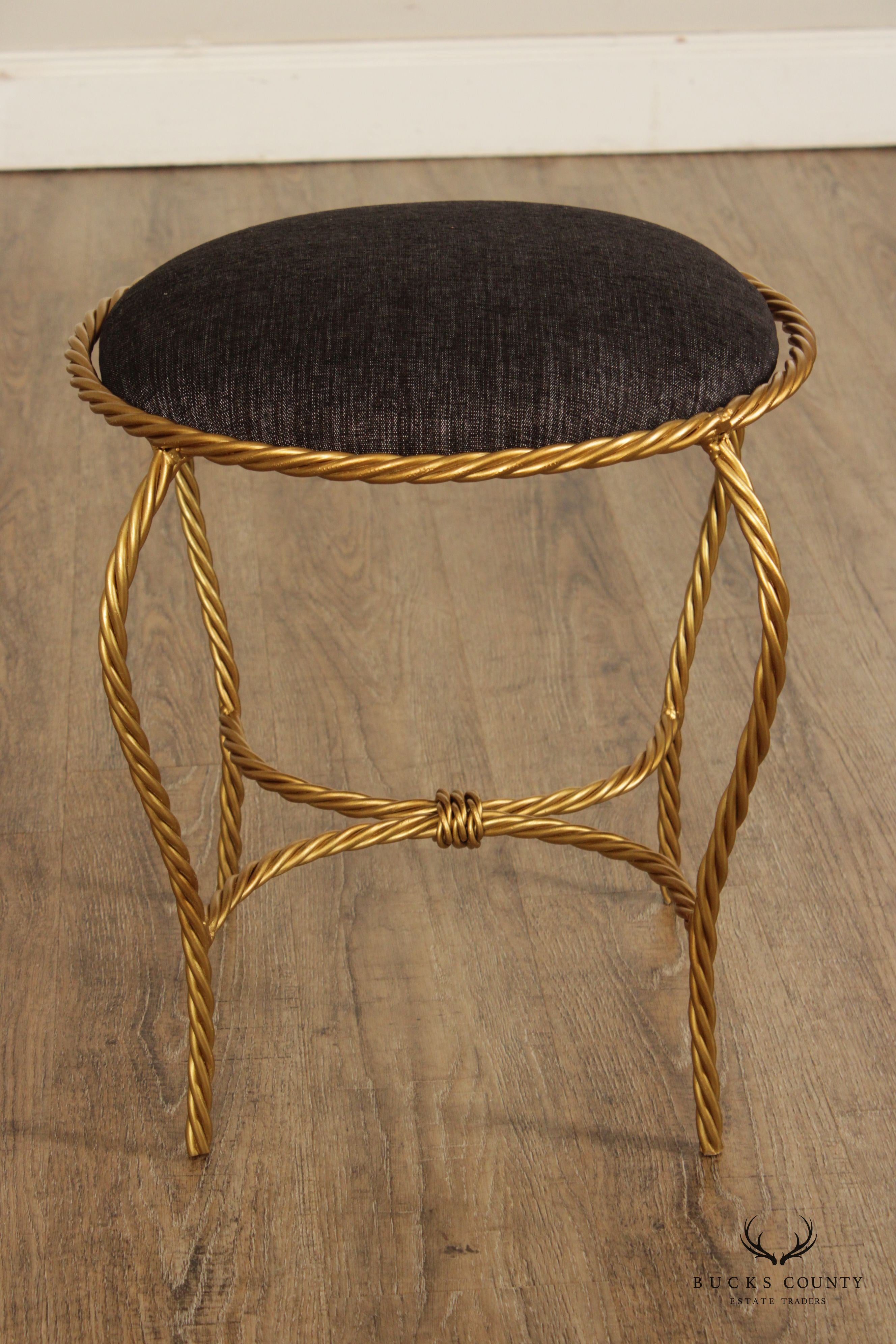 Hollywood Regency Pair of Gilt Metal Rope Twist Stools