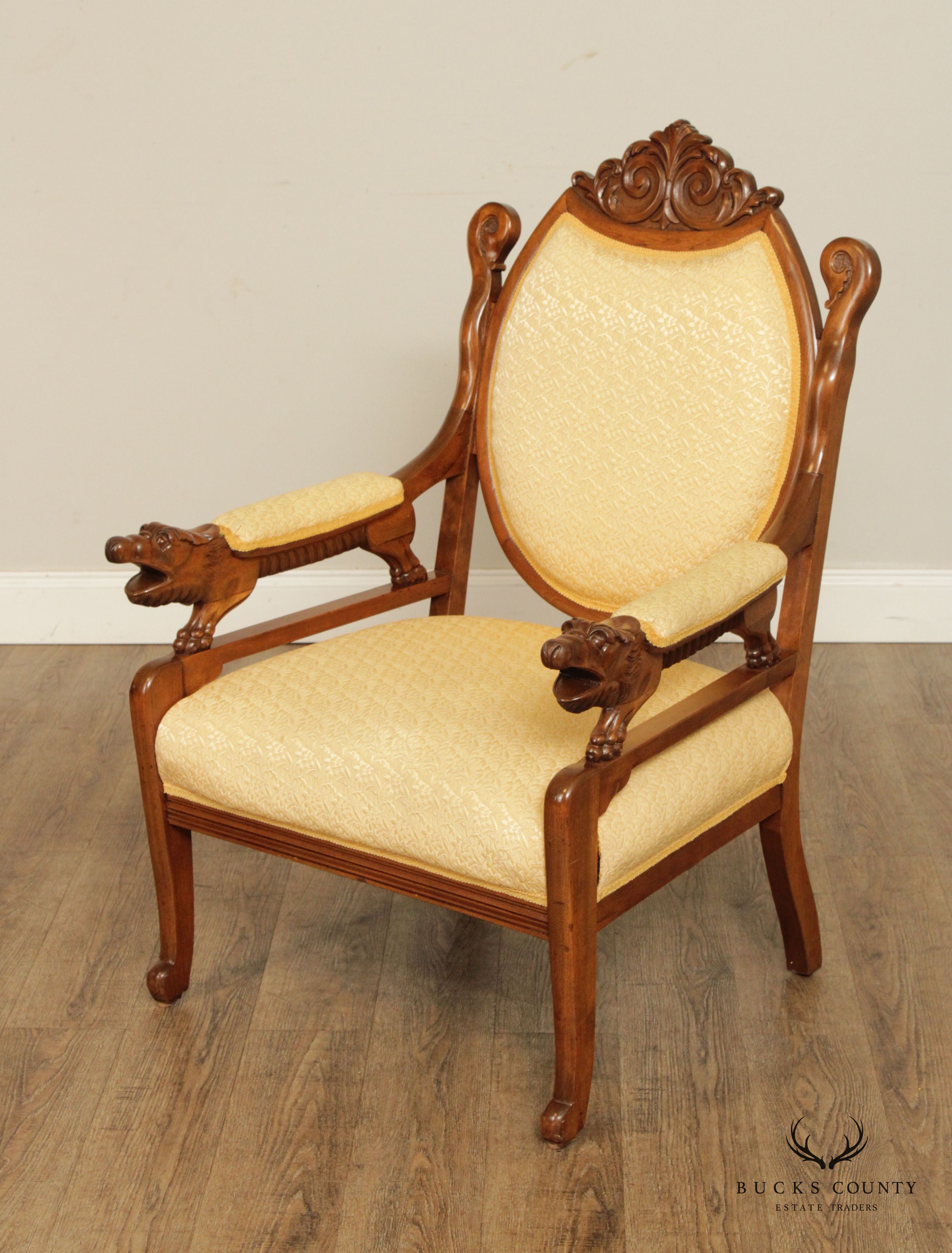 Antique French Empire Style Carved Maple and Beech Fauteuil Armchair