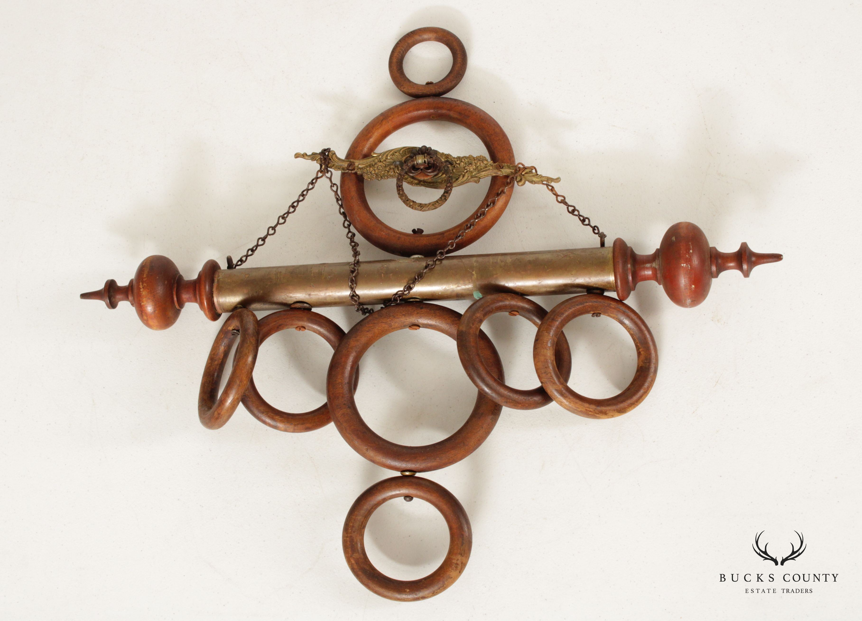 Antique Victorian Wood Rings and Brass Hanging Towel Rack