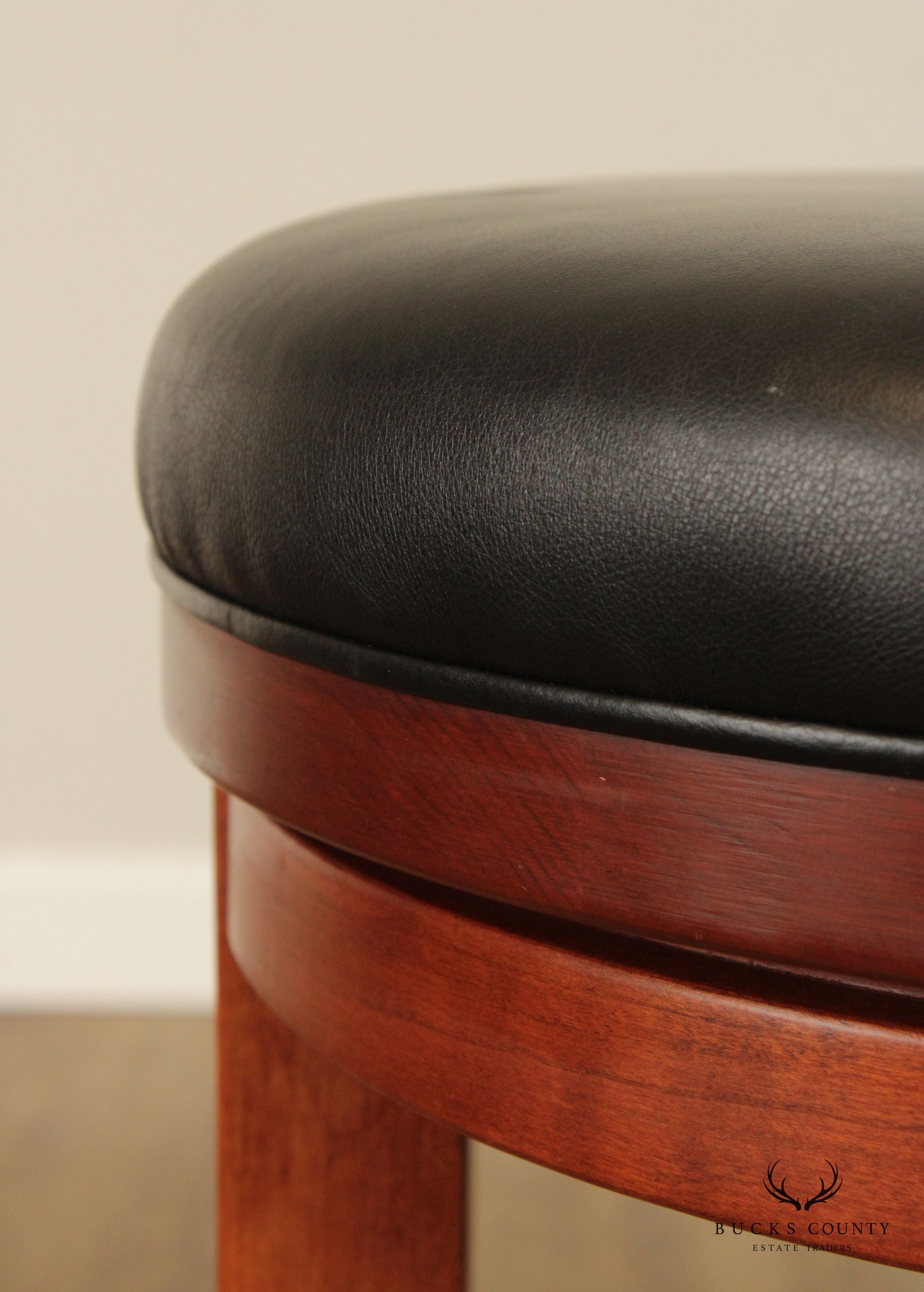 Zimmerman Chair Shop Pair of Leather Upholstered Cherry 'Milano' Swivel Bar Stools