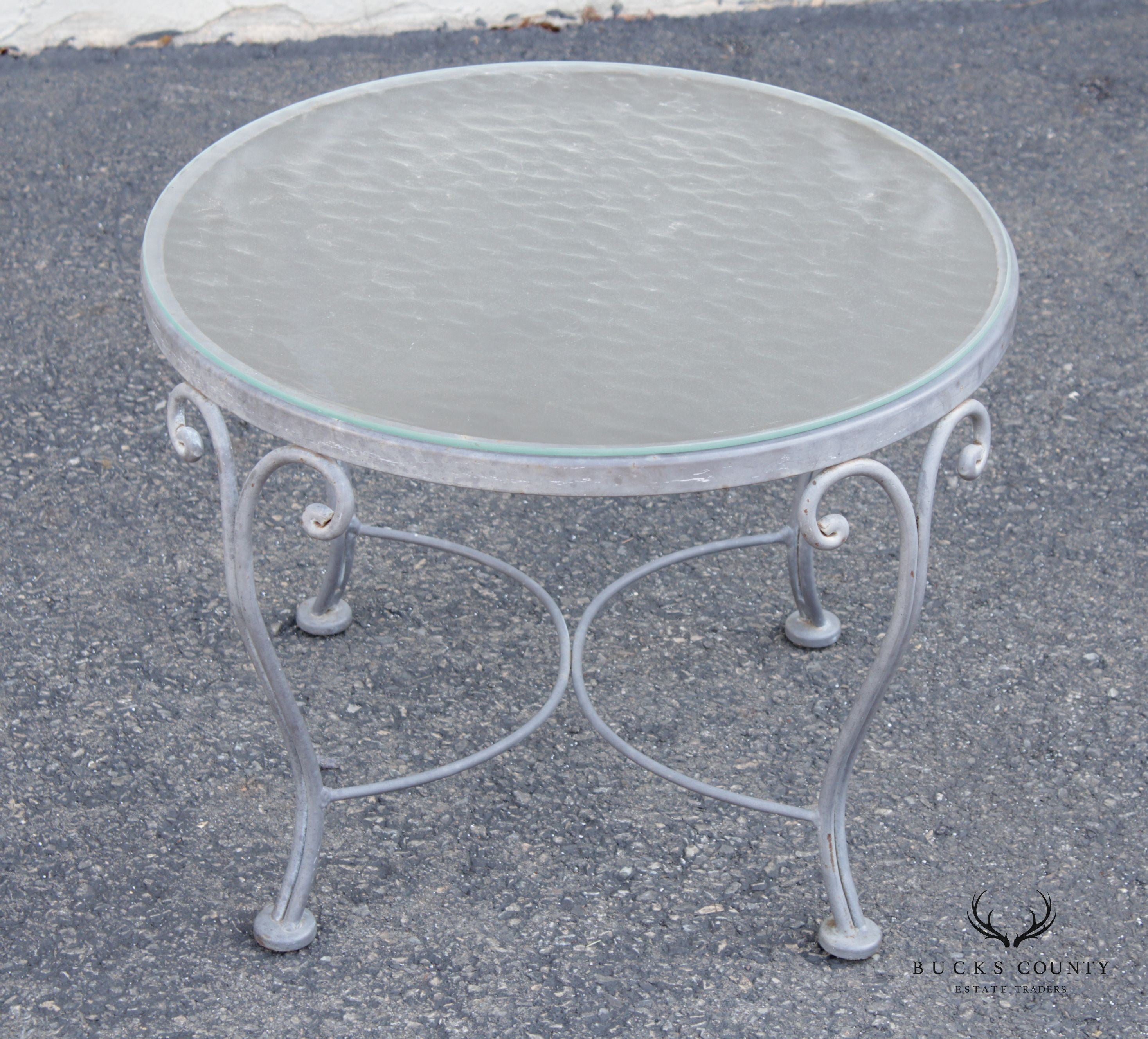French Style Vintage Scrolled Wrought Iron Round Glass Top Outdoor Cocktail Table
