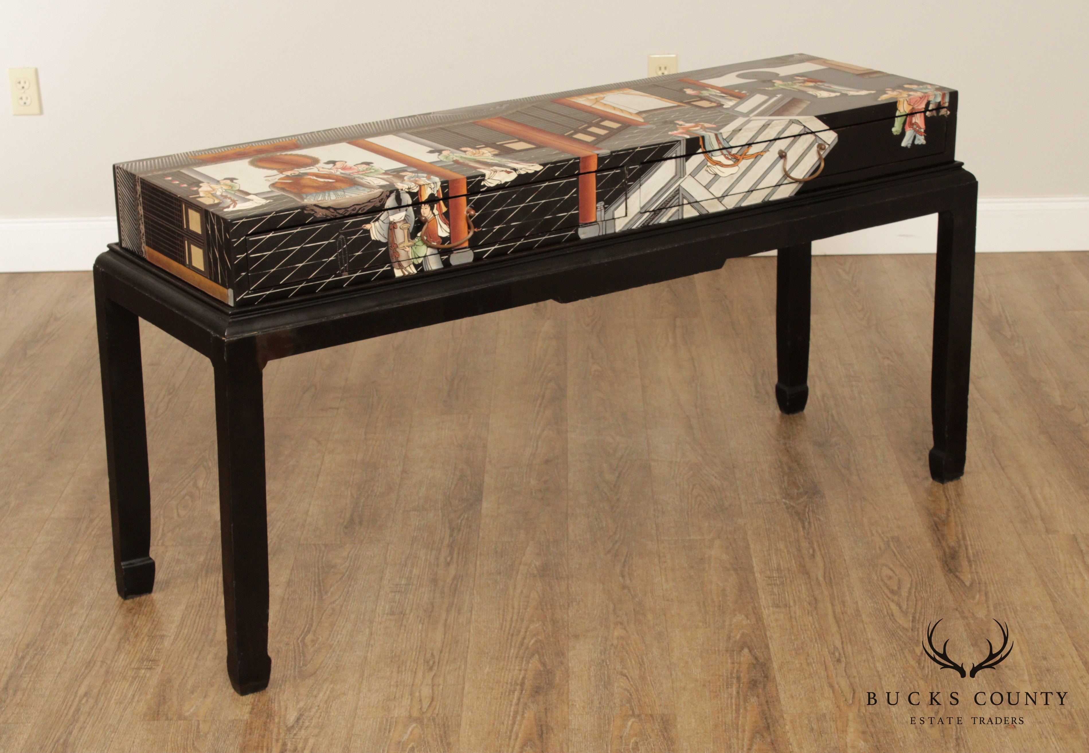 Vintage Chinese Style Lacquered Figural Scene Console