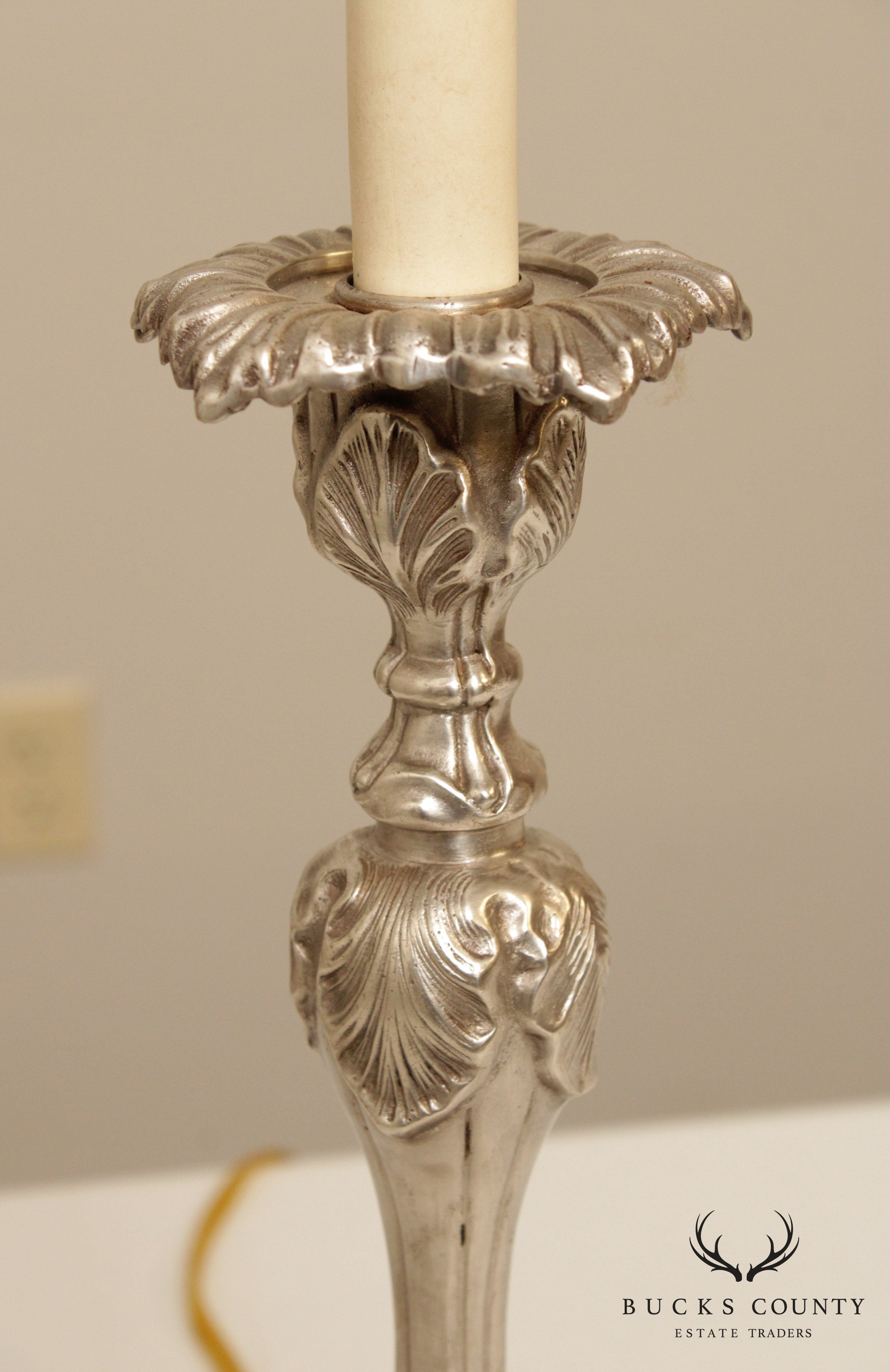 Rococo Style Pair Silvered Brass Candlestick Table Lamps