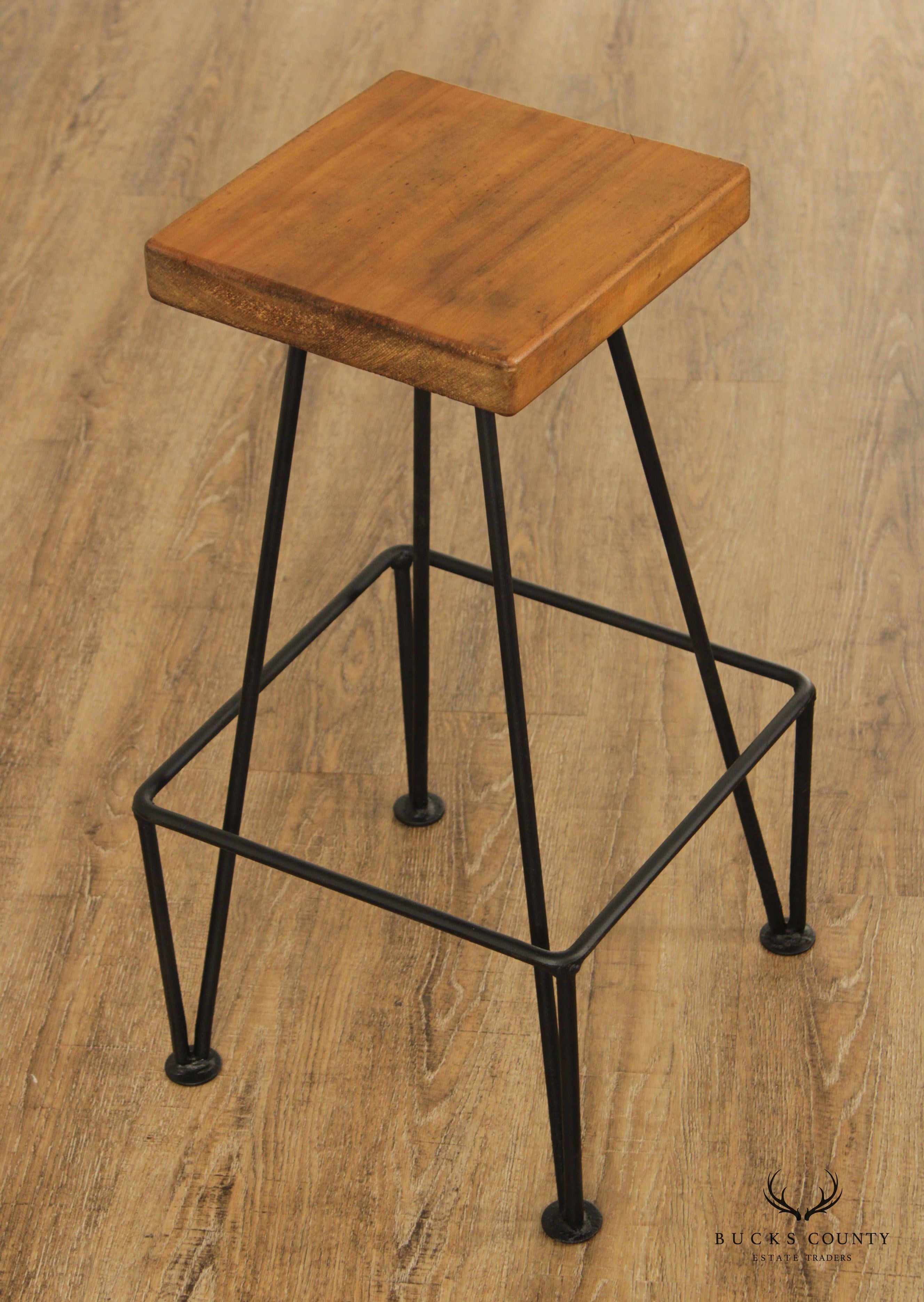 Industrial Midcentury Modern Style Wrought Iron & Wood Drafting or Bar Stool