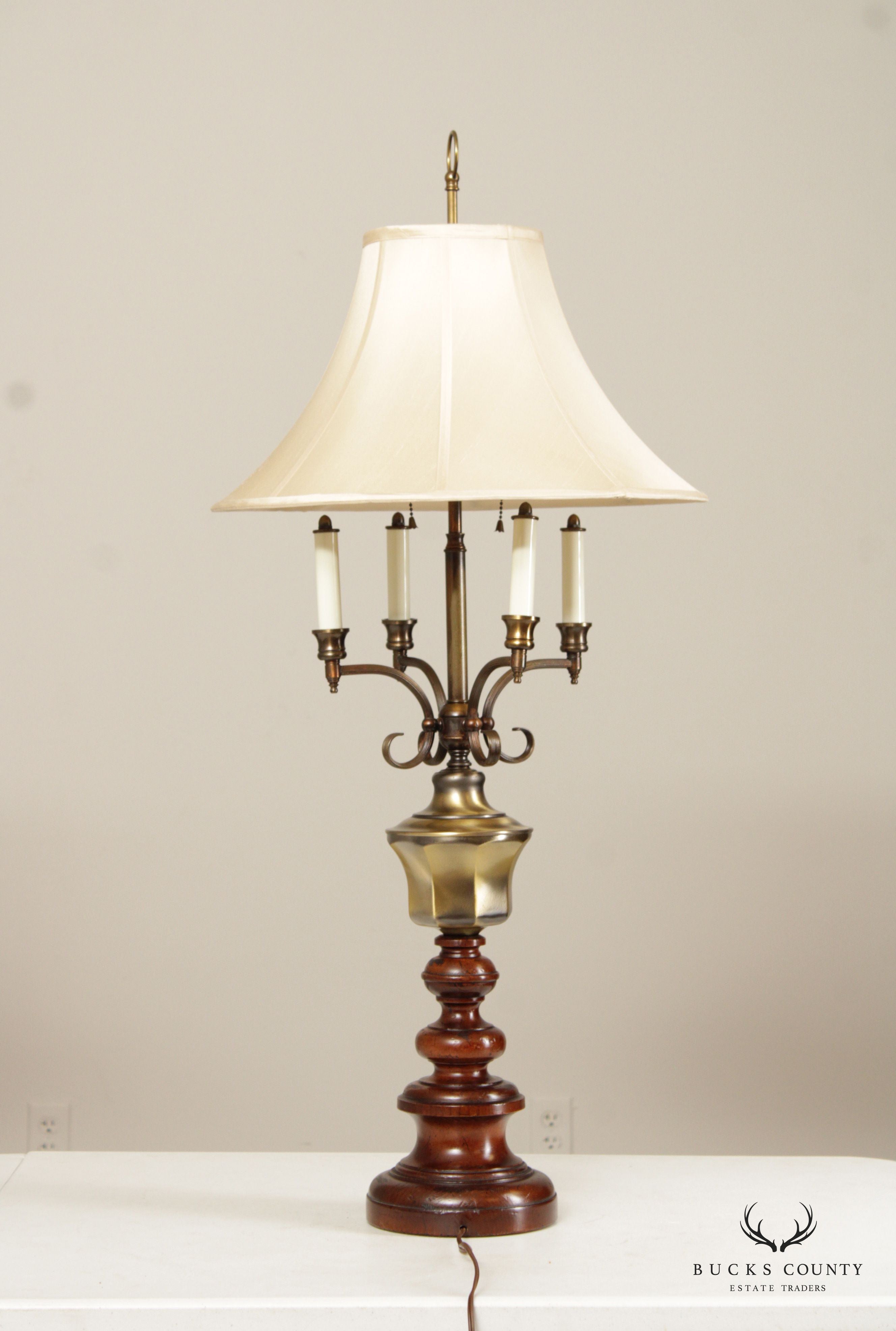 KNOB CREEK PAIR OF BRASS AND TURNED WOOD VINTAGE TABLE LAMPS