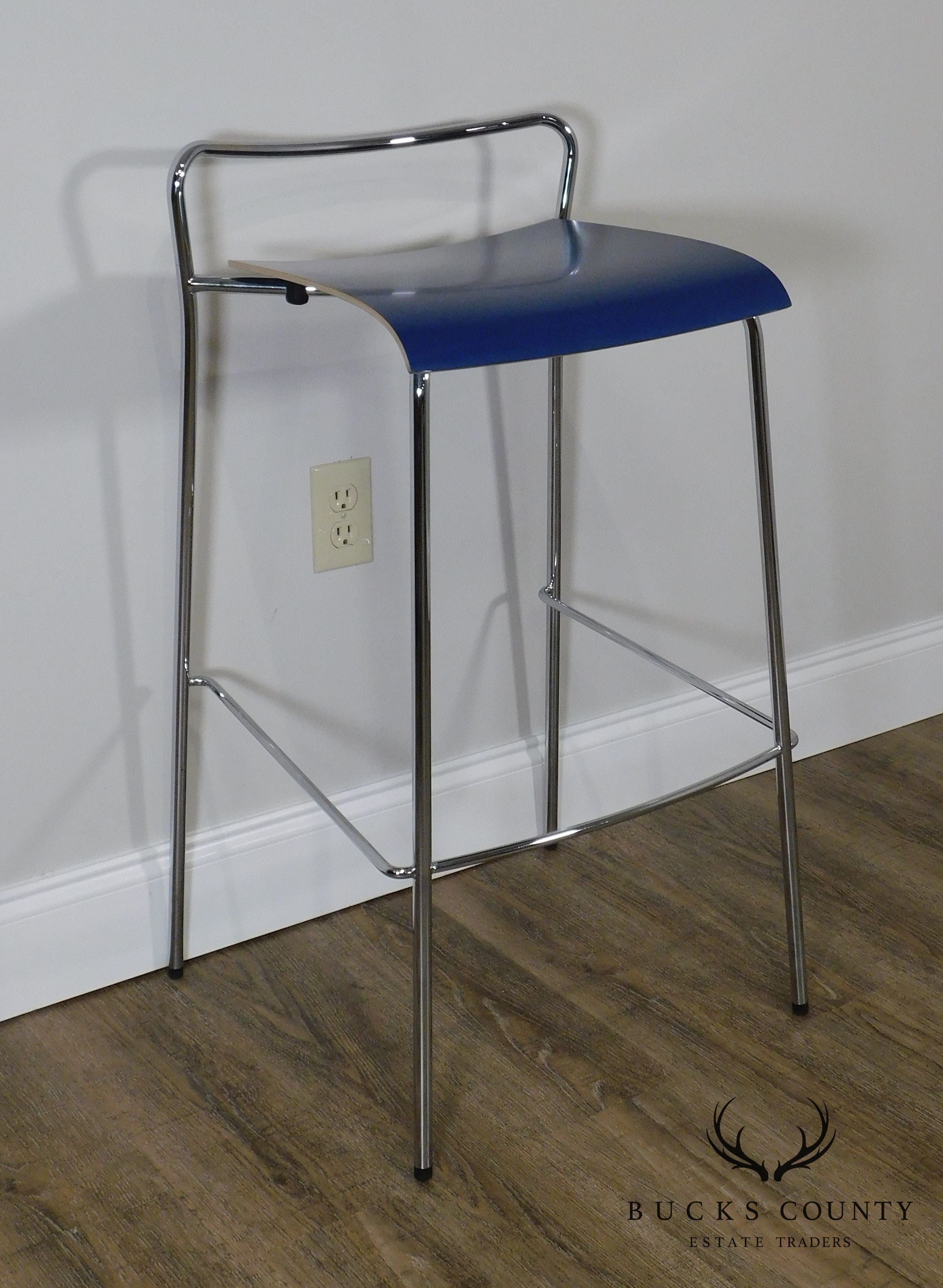 Antti Kotilainen Chrome Frame Blue Seat Piiroinen Bar Stool