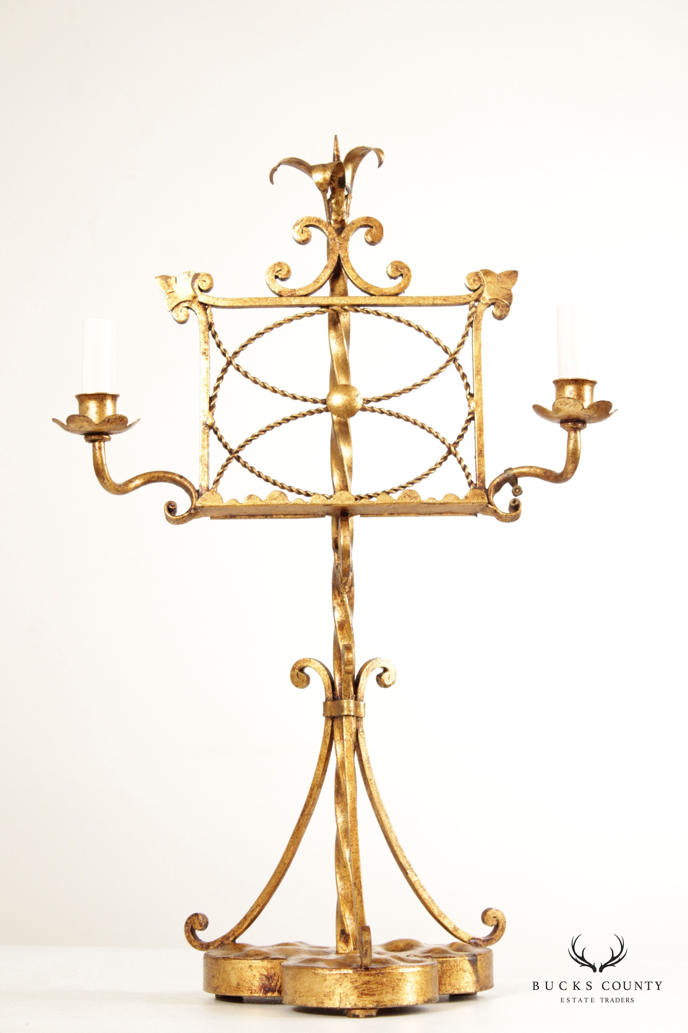 Vintage Italian Gilt Metal Candelabra Lamp Music Stand