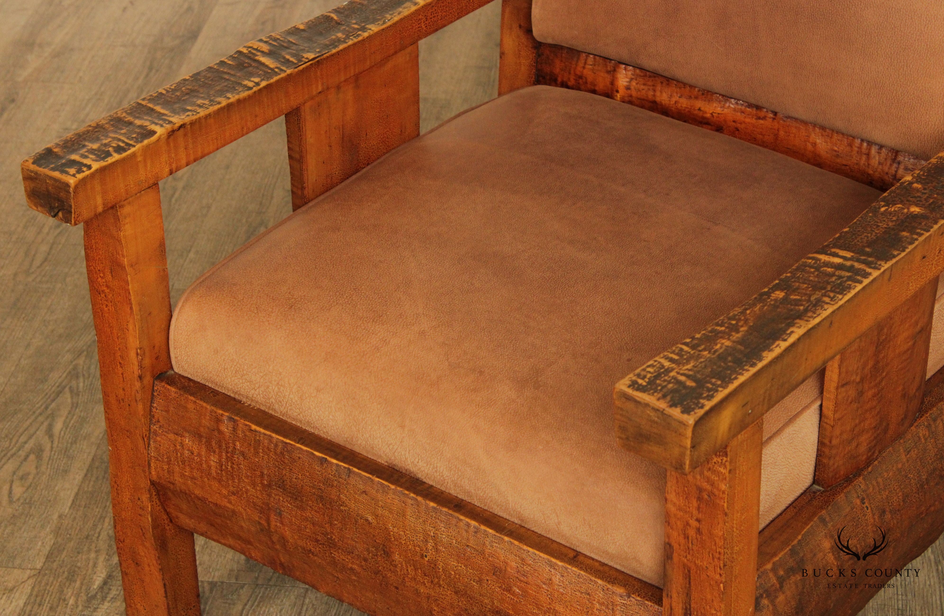 Antique Adirondack Tiger Maple and Leather Lounge Arm Chair