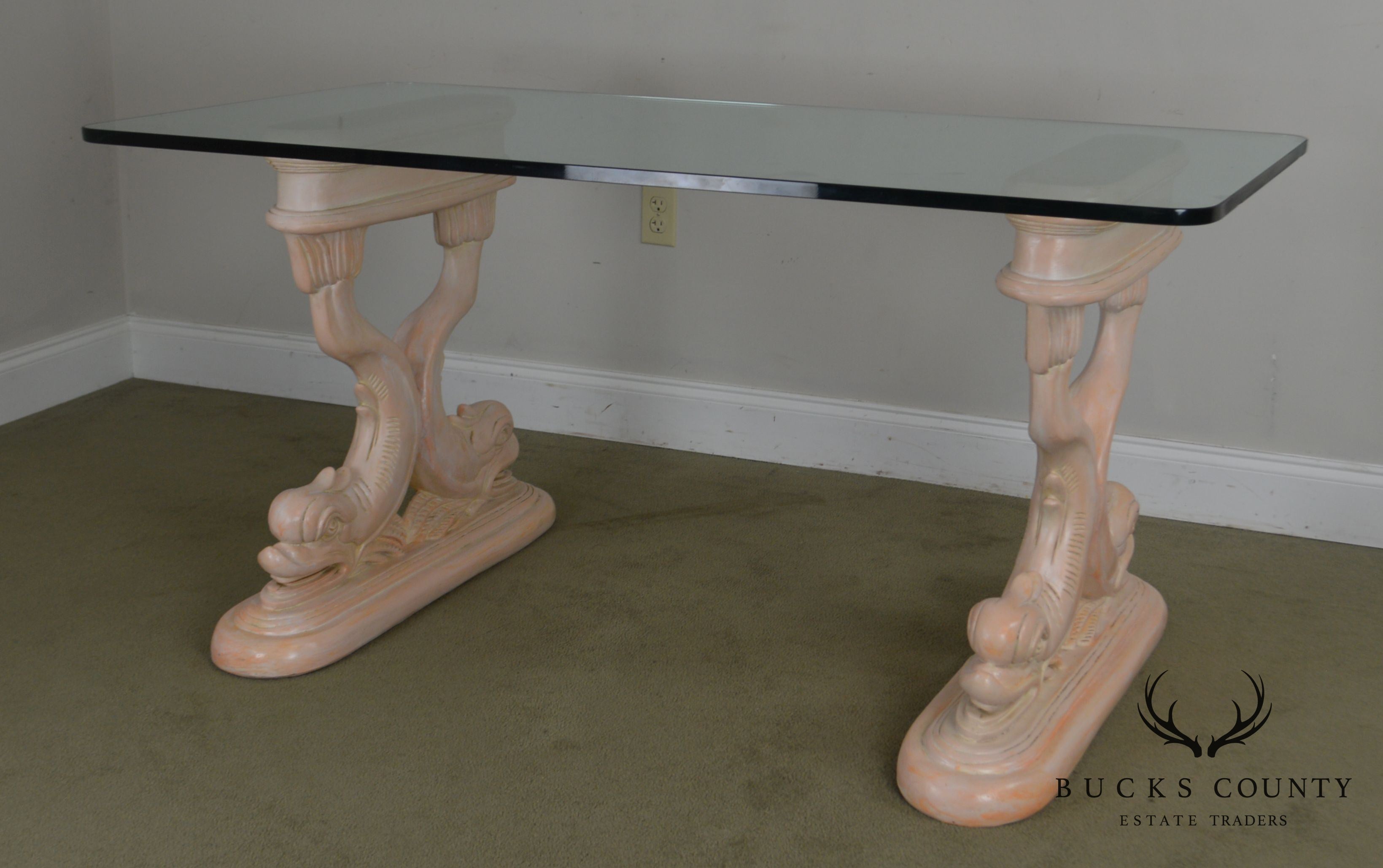 Hollywood Regency Style Vintage Carved Dolphin Base Glass Top Writing Desk