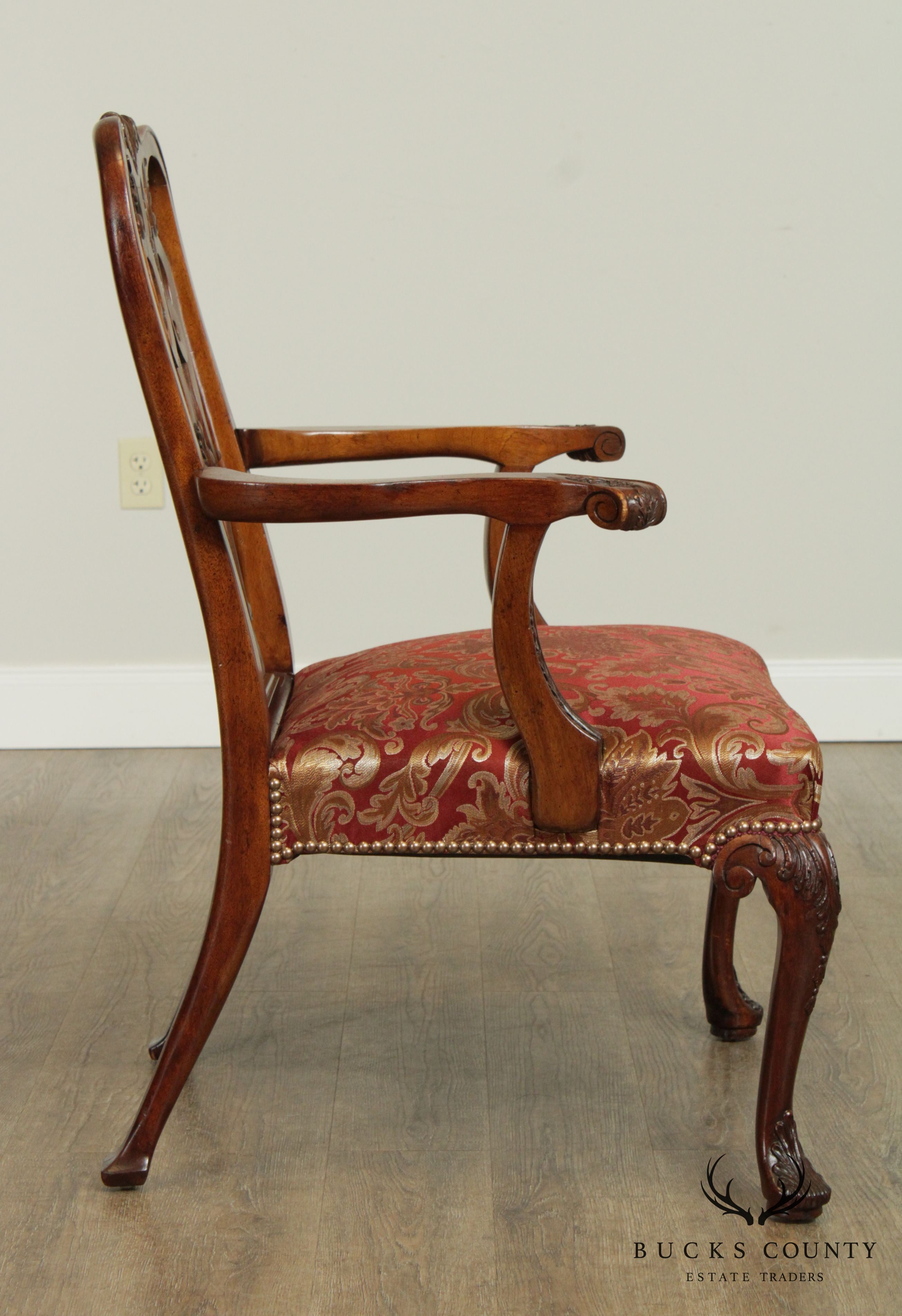 Georgian Style Vintage Custom Quality Carved Mahogany Pair Armchairs