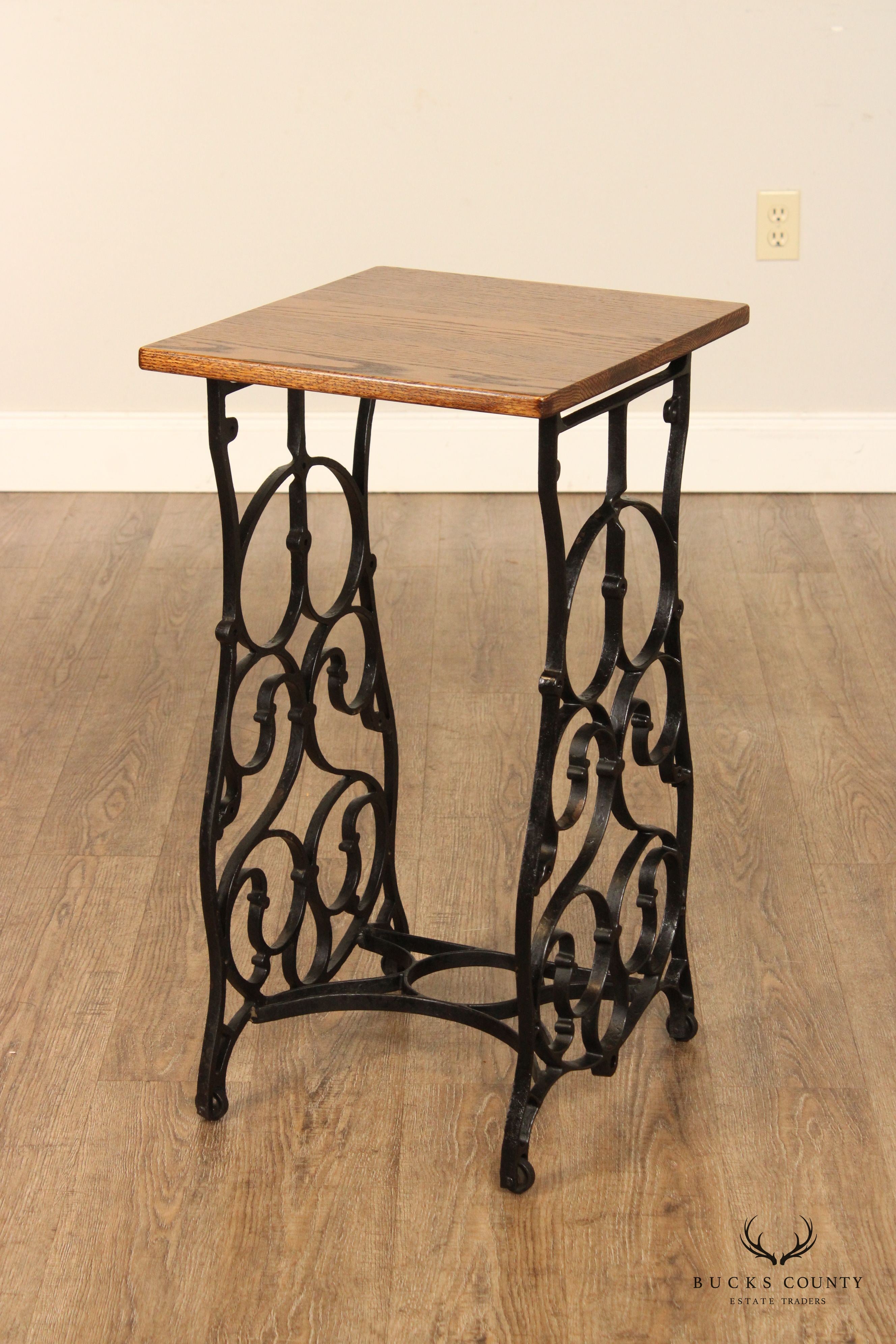 Antique Victorian Style Iron Base Oak Top Side Table