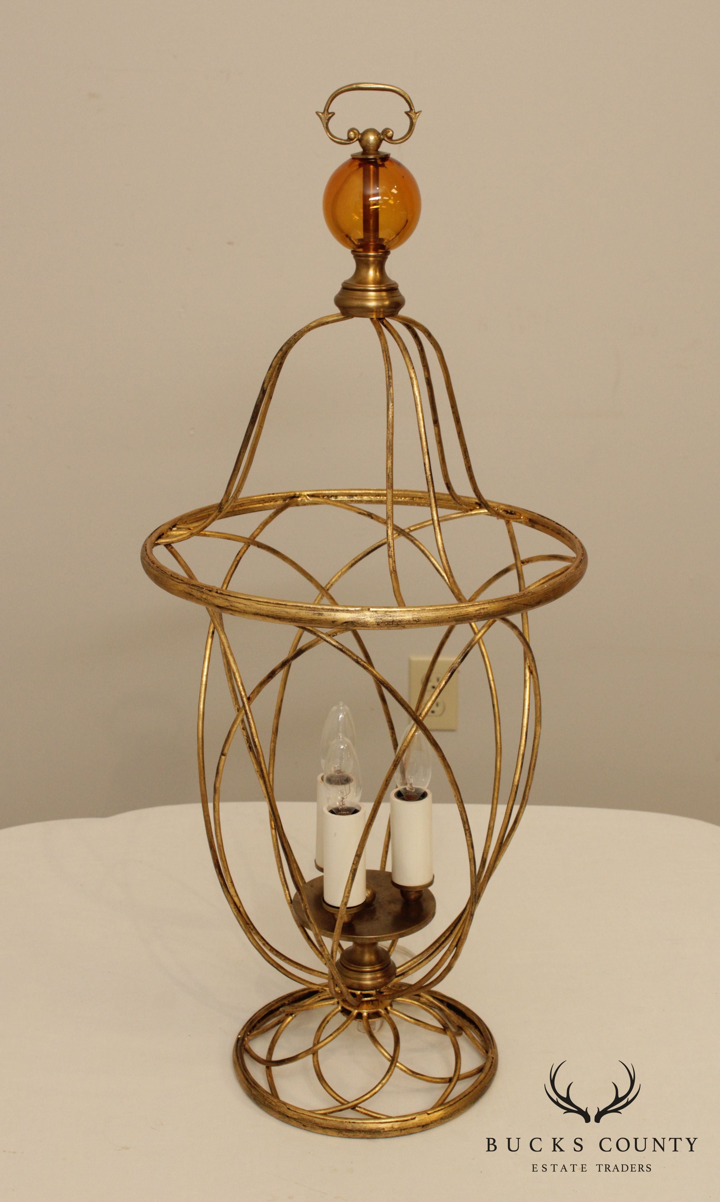 Italian Hollywood Regency Gilt Metal & Amber Crystal Lantern Light