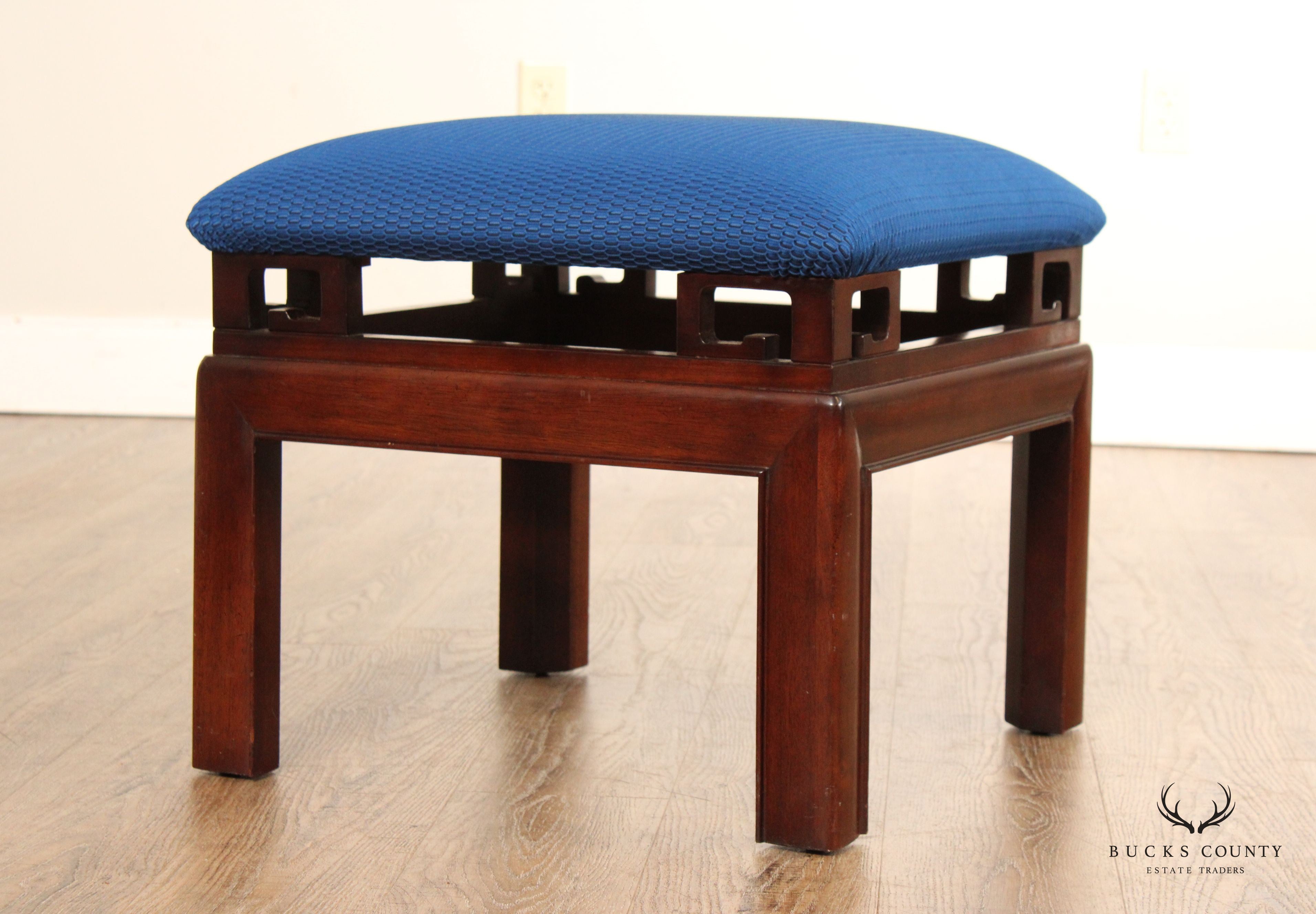 Asian Inspired Pair of Carved Mahogany Upholstered Stools