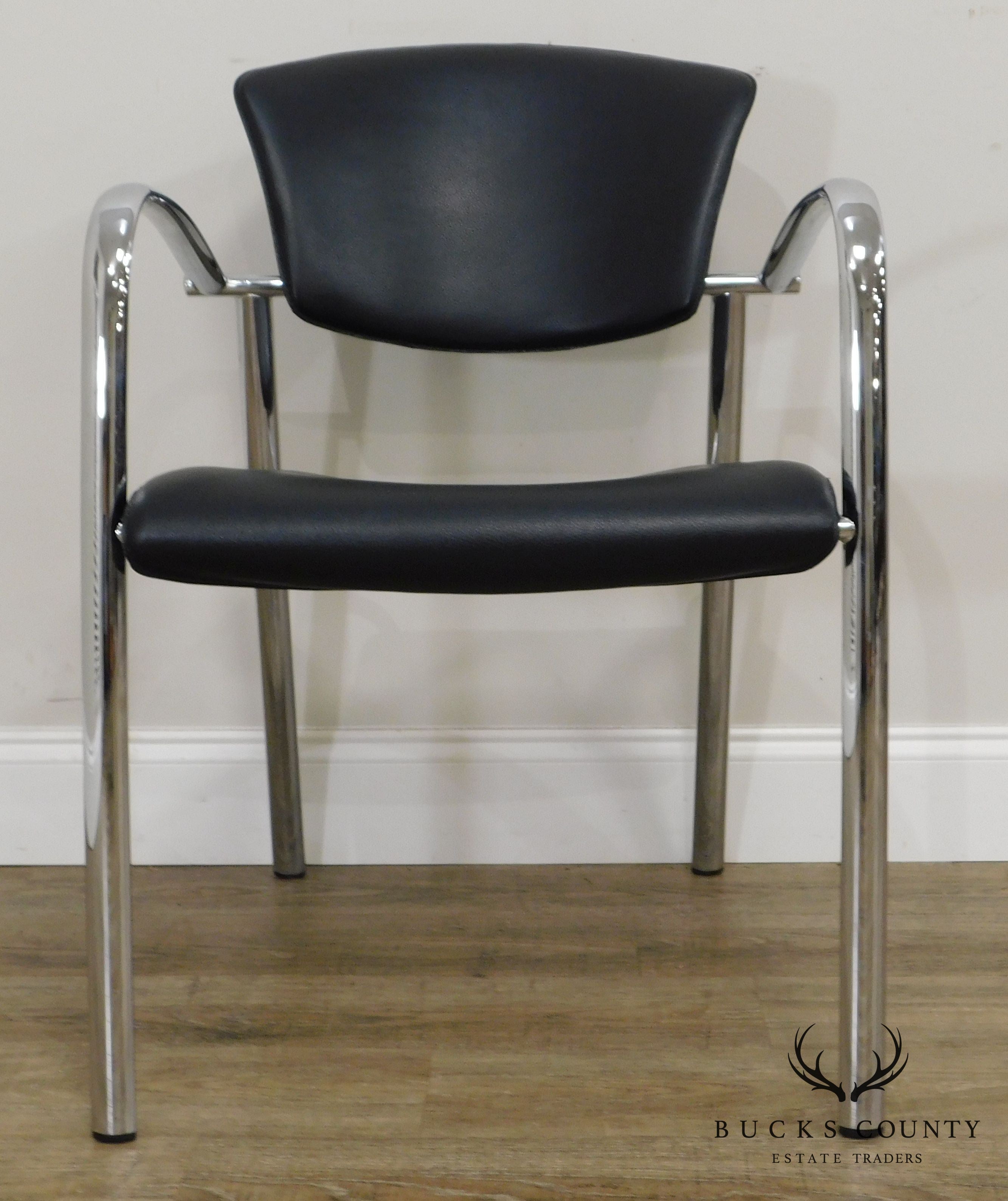 Brayton International Collection Steelcase Pair Chrome & Black Leatherette Armchairs
