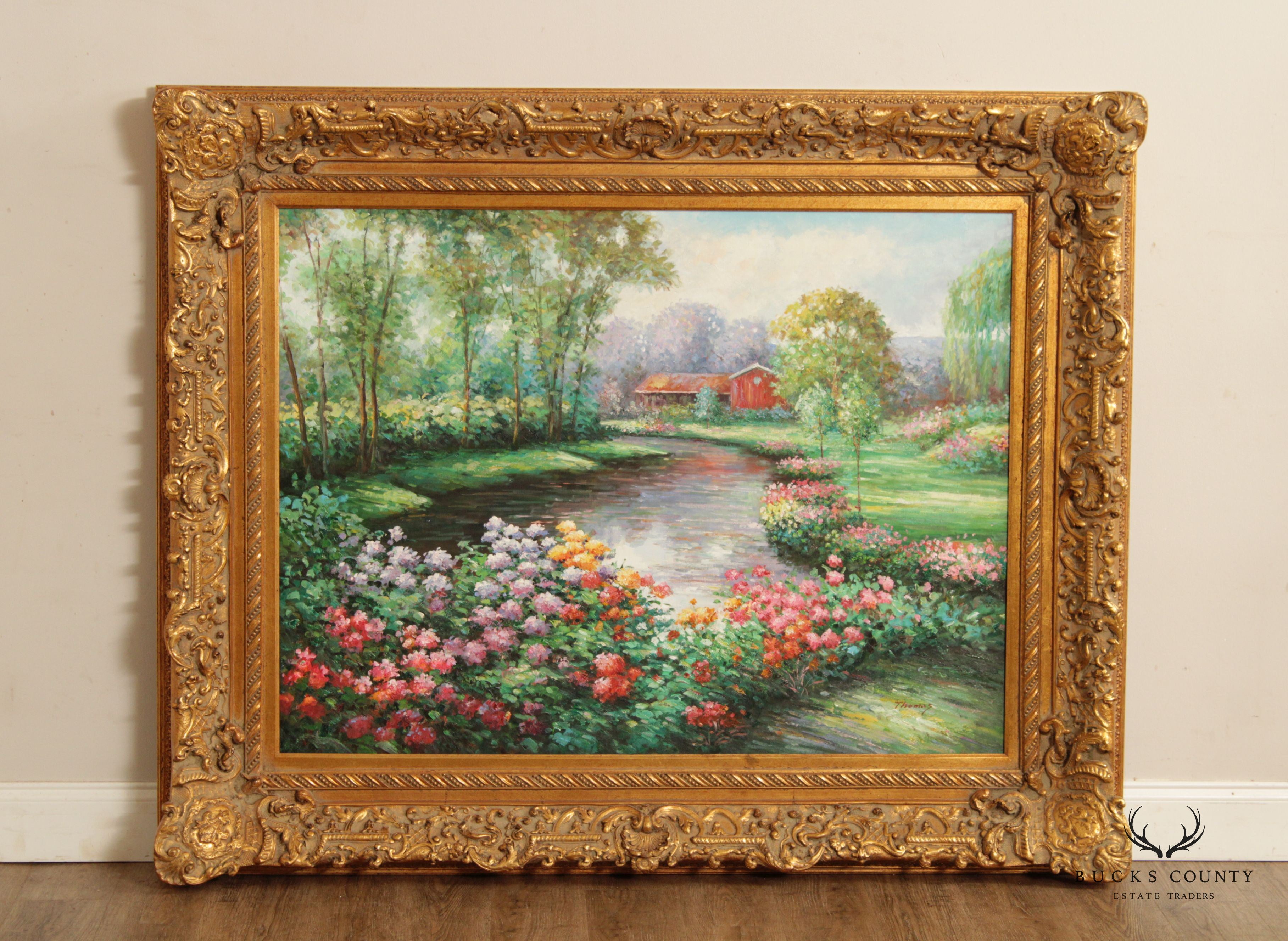Vintage Impressionist Garden Landscape Original Oil Painting, Signed Thomas