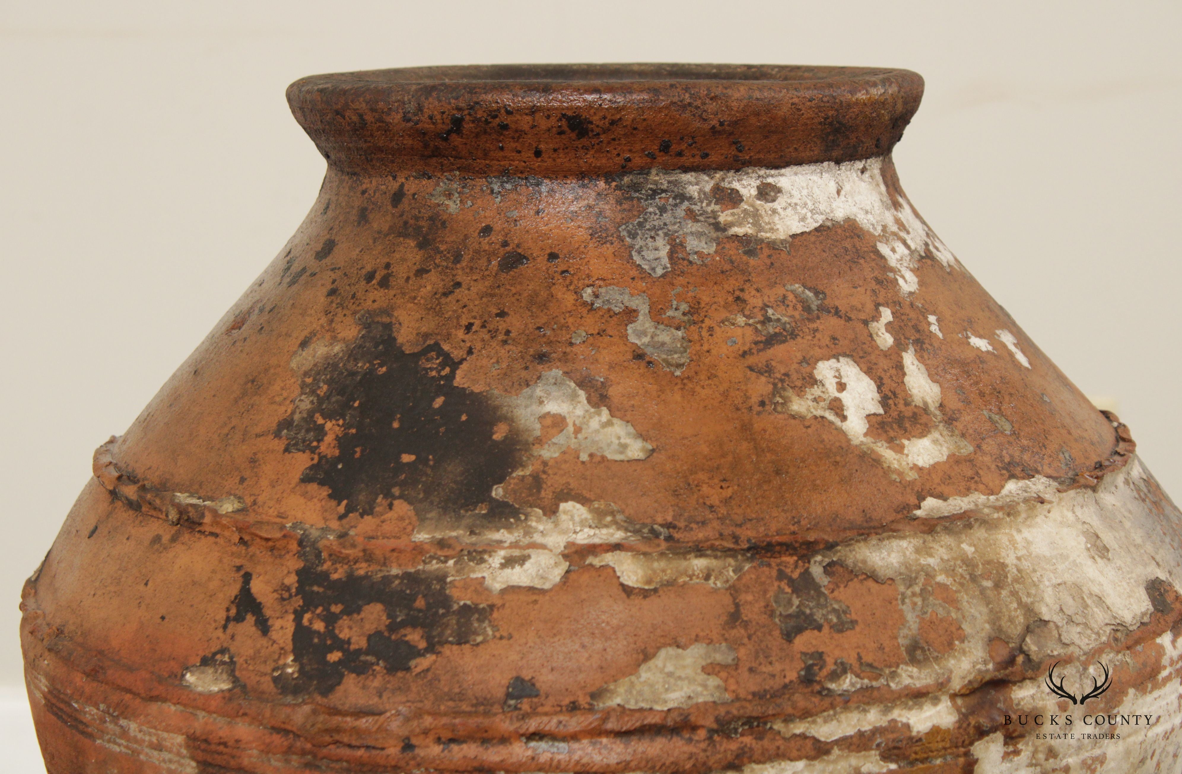 Antique Mediterranean Large Terra Cotta Amphora Floor Vase on Stand