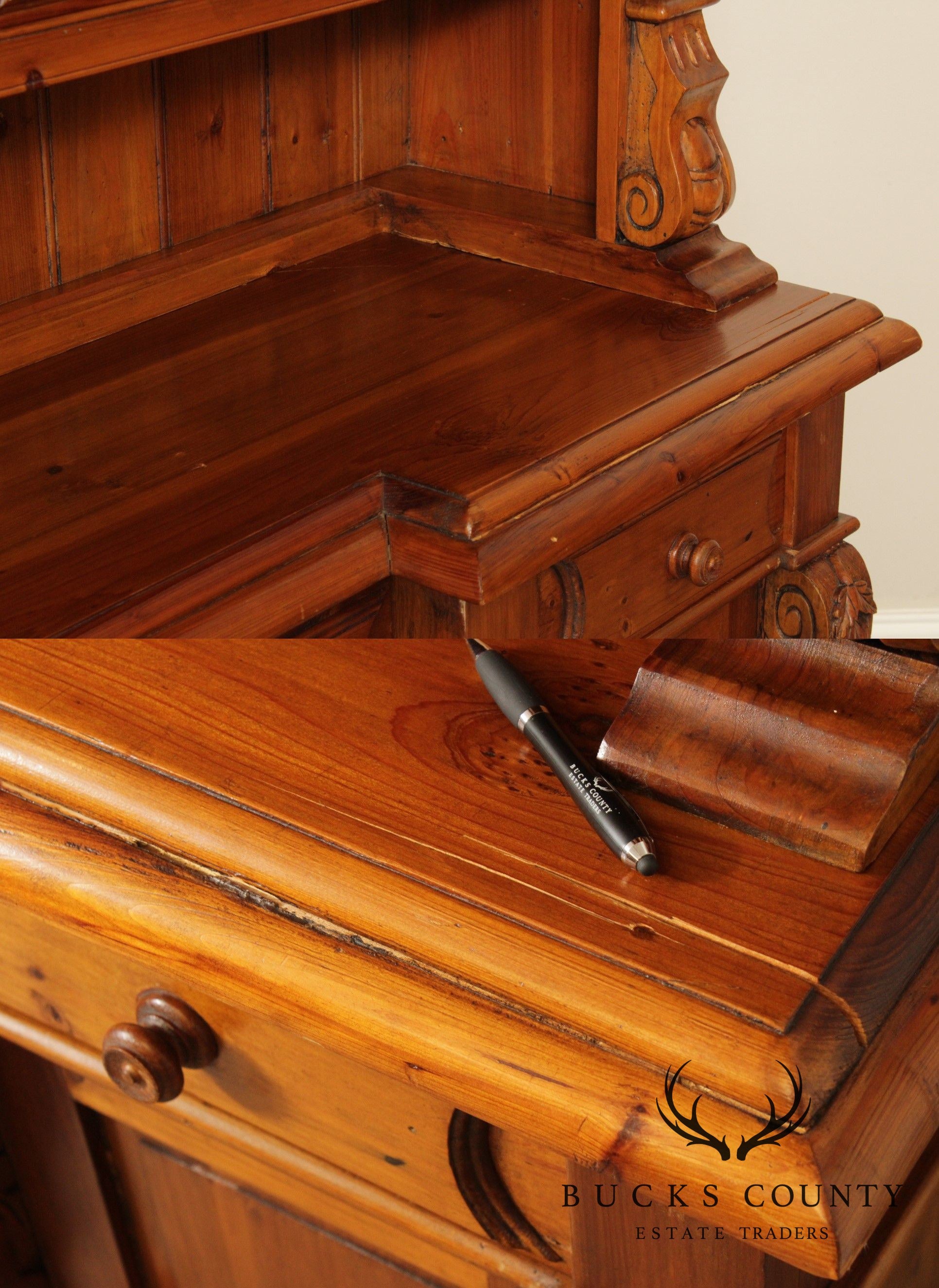 Large Custom Quality Carved Pine Step Back Hutch