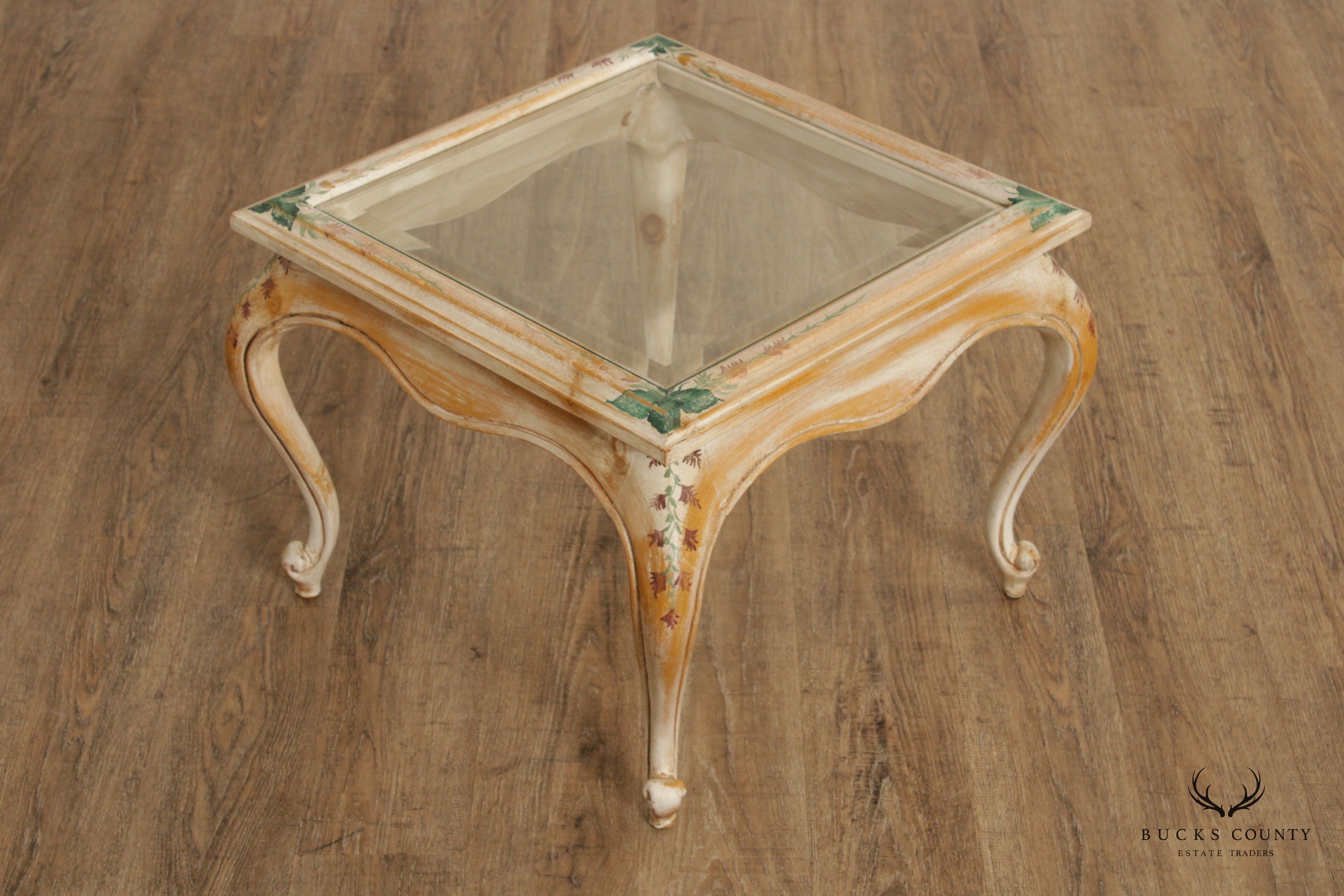 French Style Pair Paint Decorated Glass Top End Tables