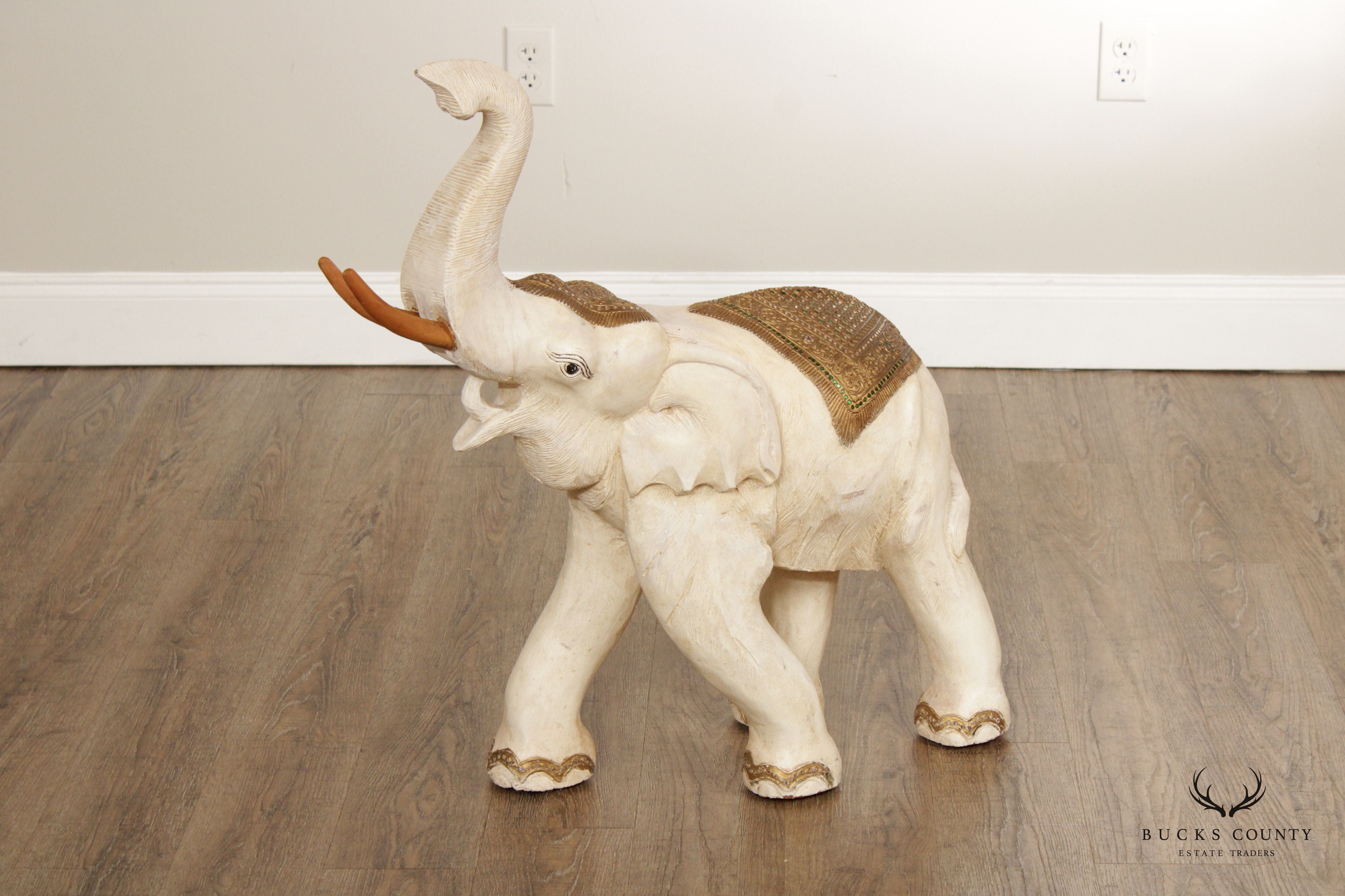 Vintage Carved Teak and Cast Plaster Elephant Statue