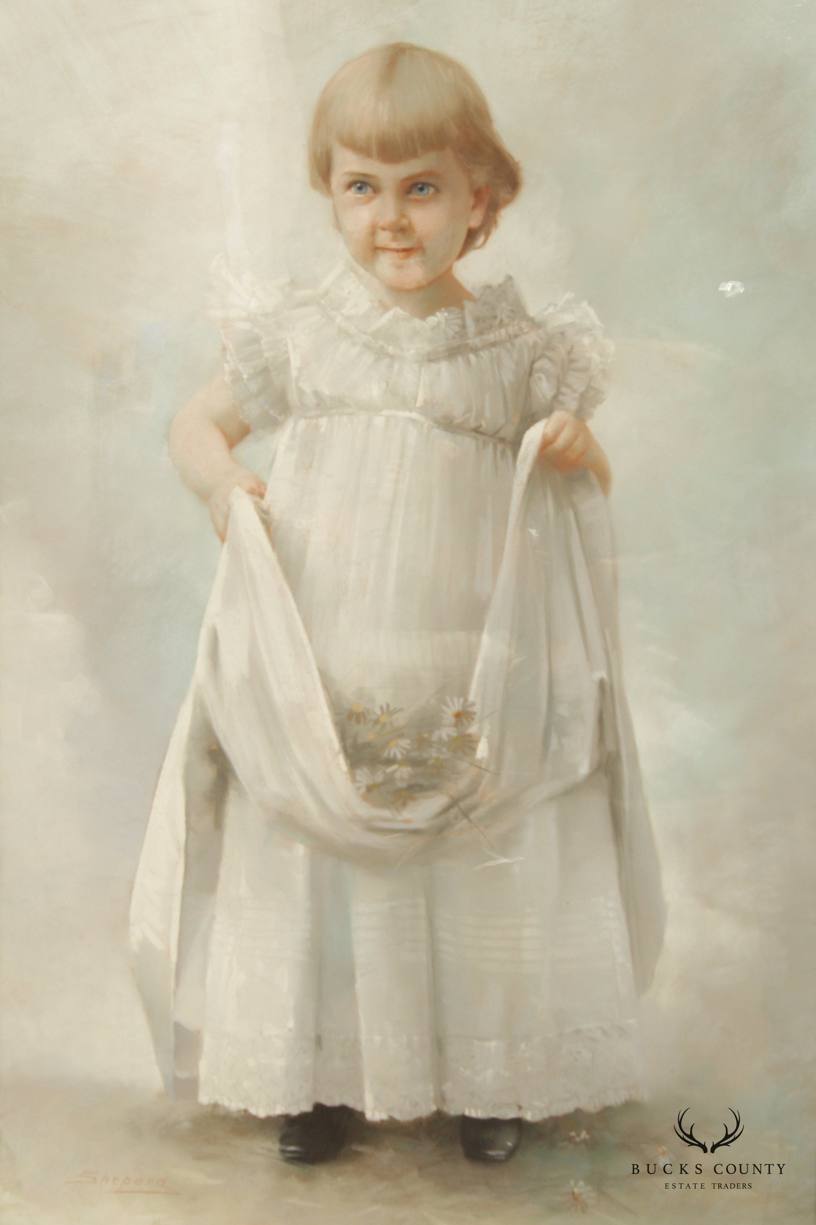 Antique 19th C. American Portrait Young Girl Pastel Drawing, By Daniel Shepard