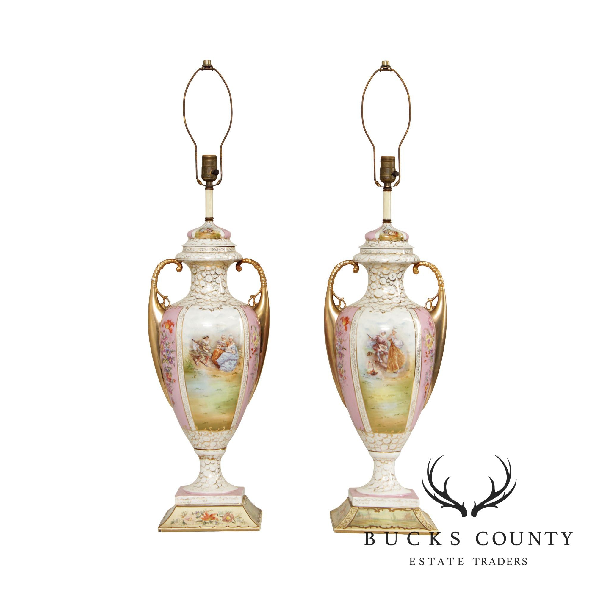 Louis XVI Style Hand Painted Porcelain Urn Form Pair Table Lamps
