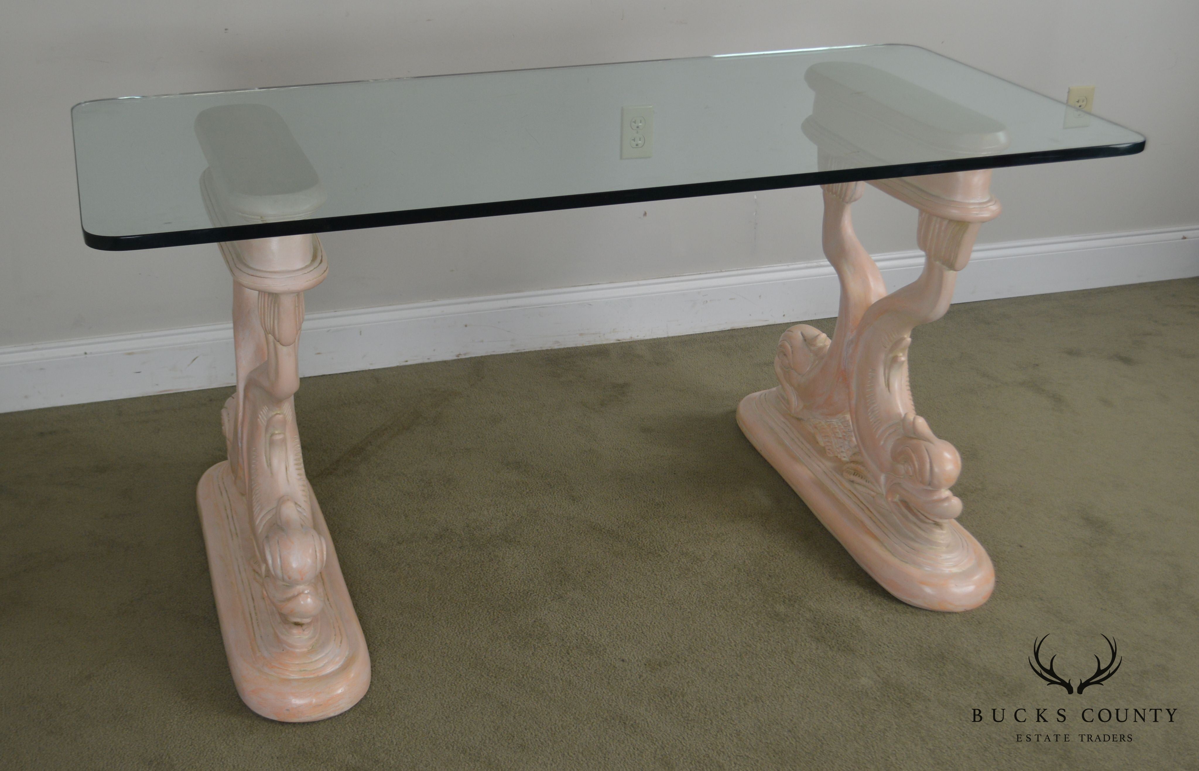 Hollywood Regency Style Vintage Carved Dolphin Base Glass Top Writing Desk