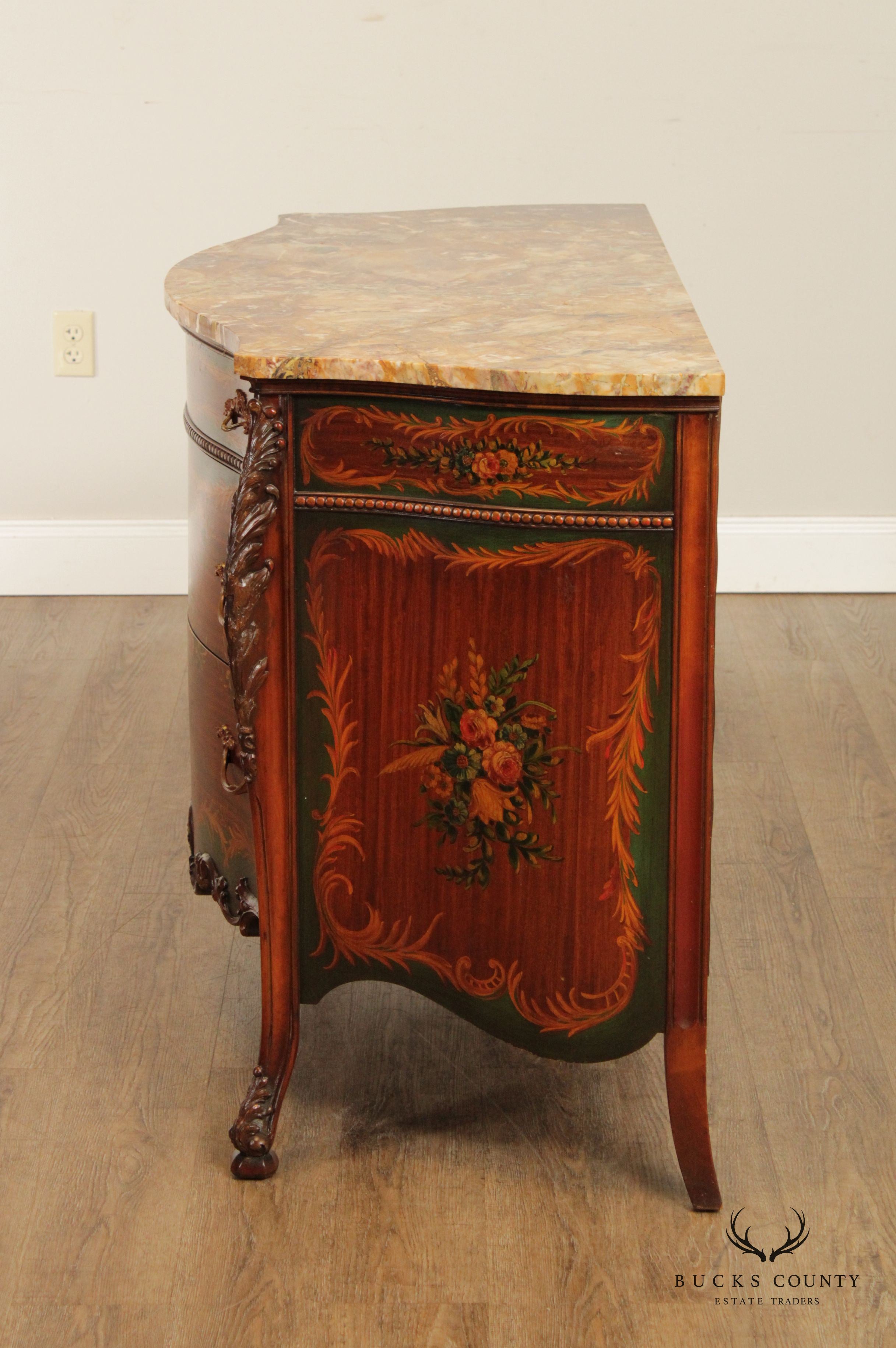 Johnson Furniture Co. Vintage French Louis XV Style Marble Top Paint Decorated Commode