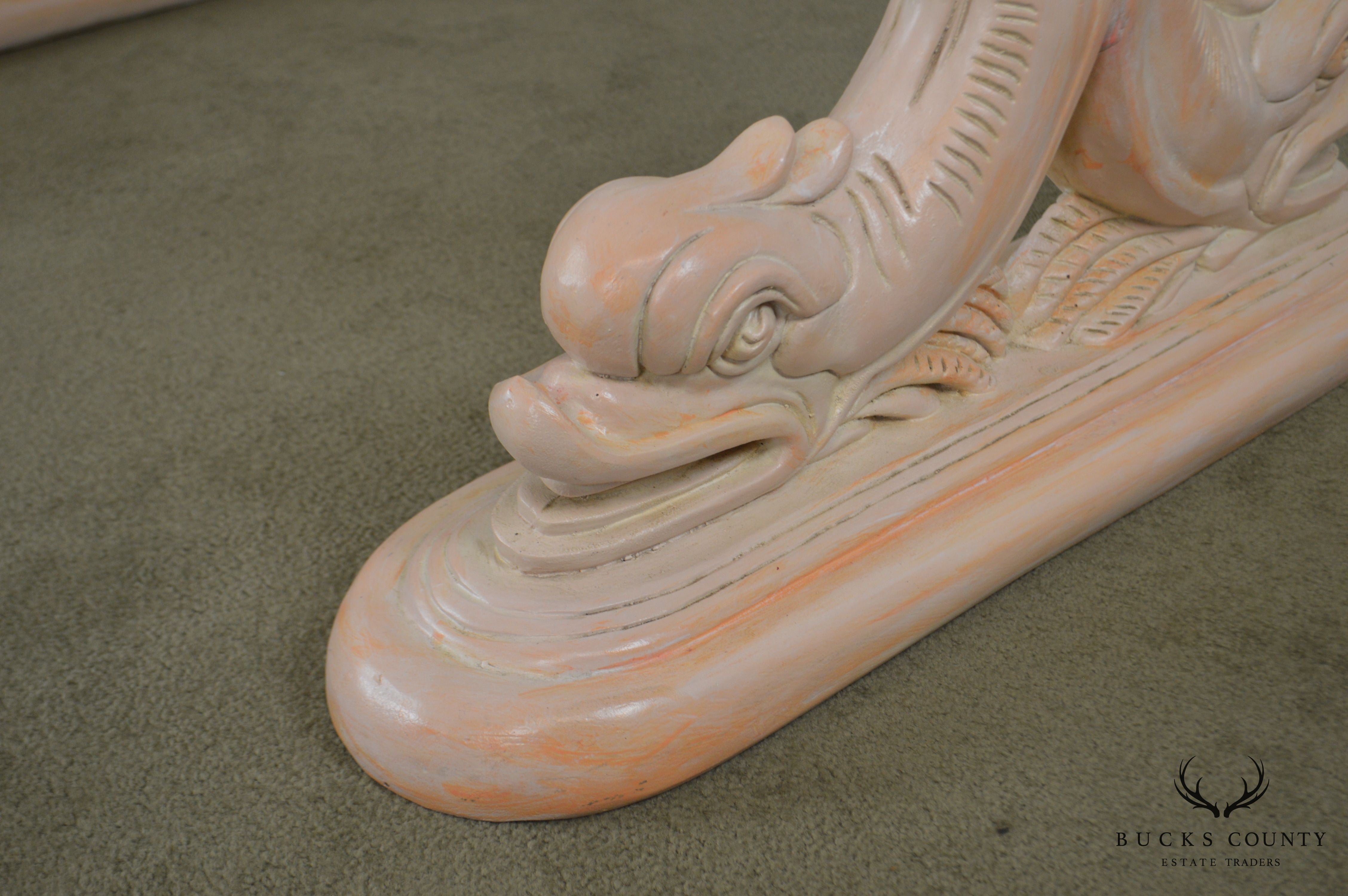 Hollywood Regency Style Vintage Carved Dolphin Base Glass Top Writing Desk