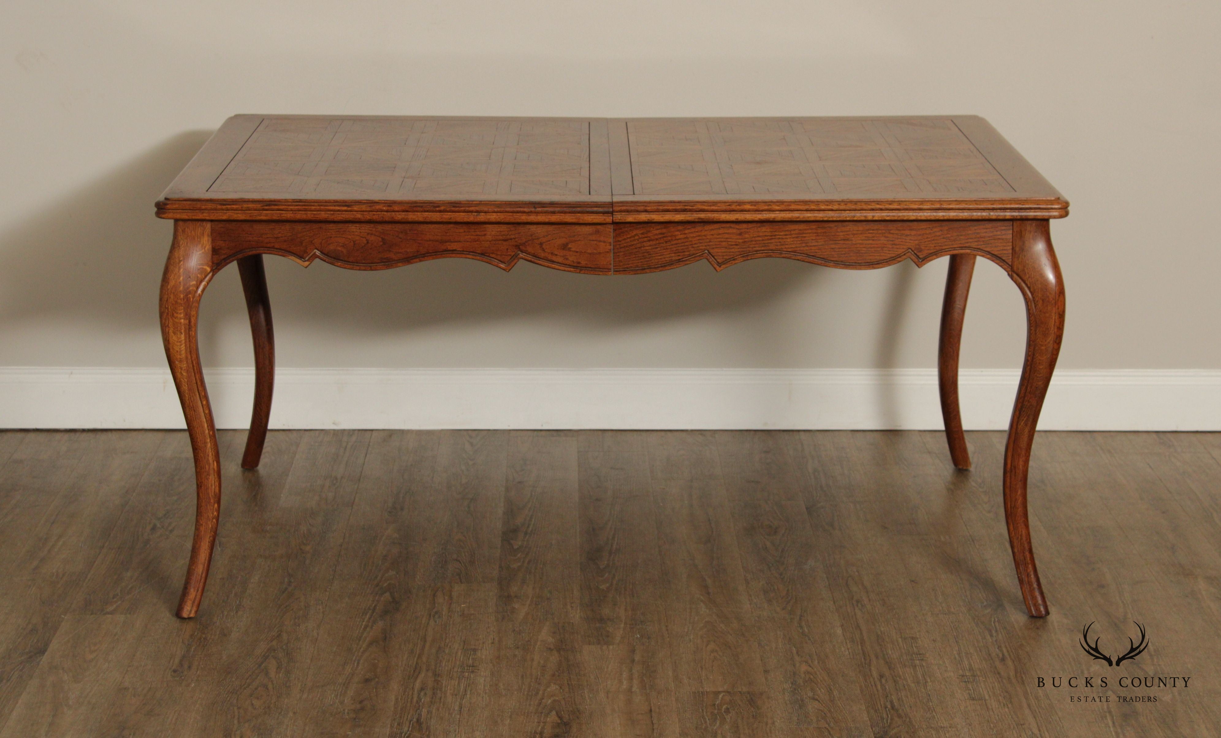 French Country Louis XV Style Vintage Oak Parquet Top Extension Dining Table