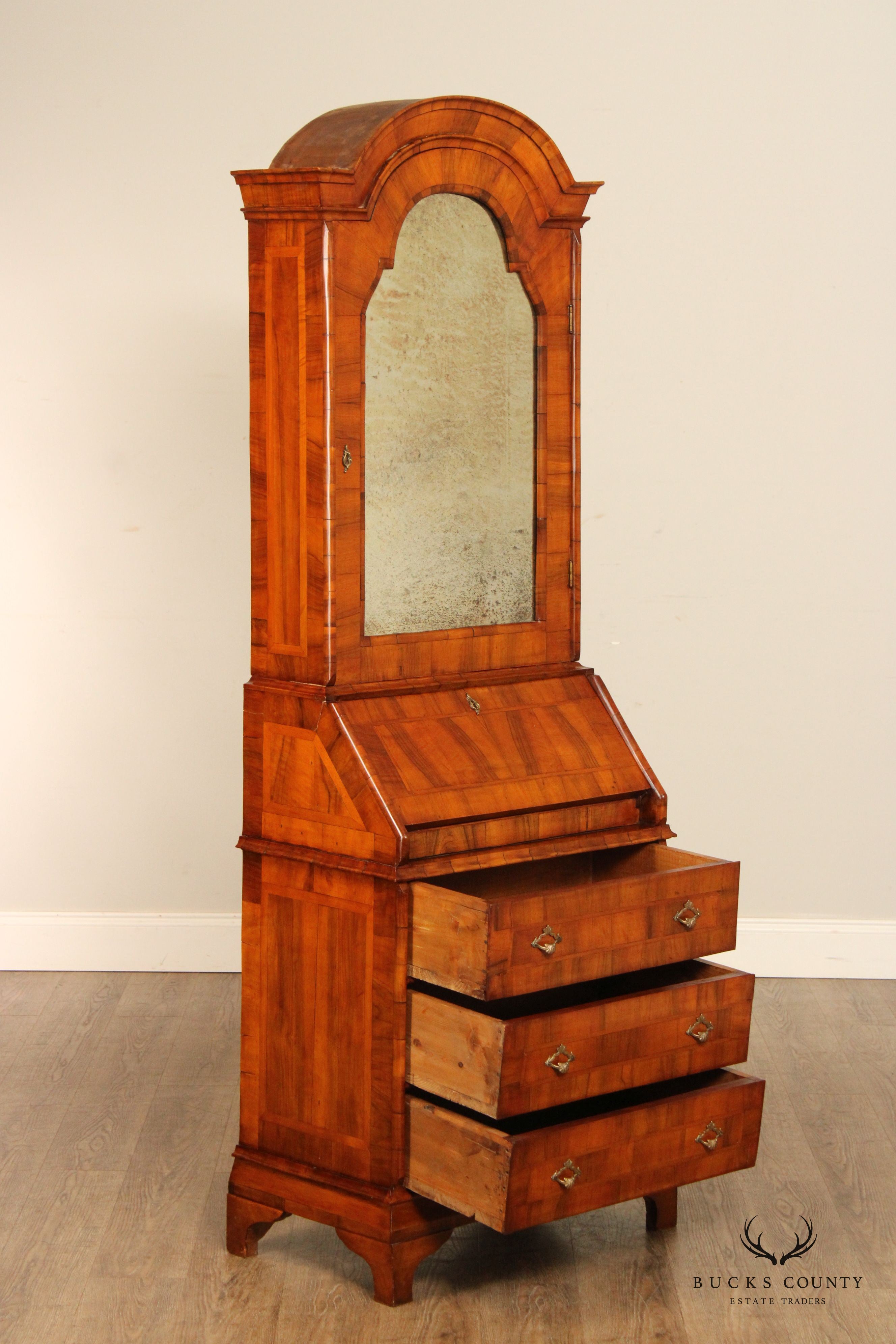 Antique Italian Burl Walnut Mirrored Secretary Desk