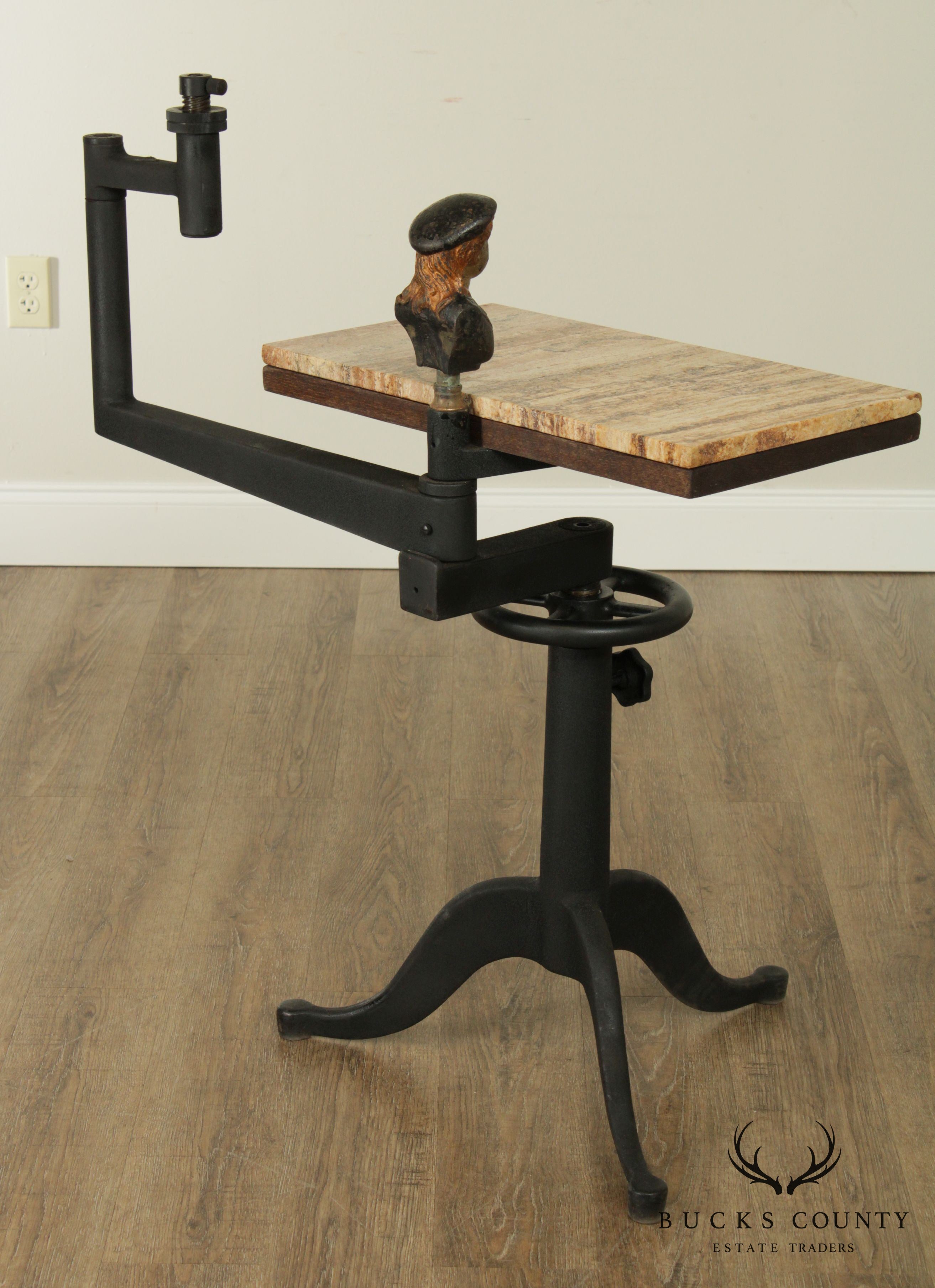 Industrial Work Table Converted to Side Table with Marble Top